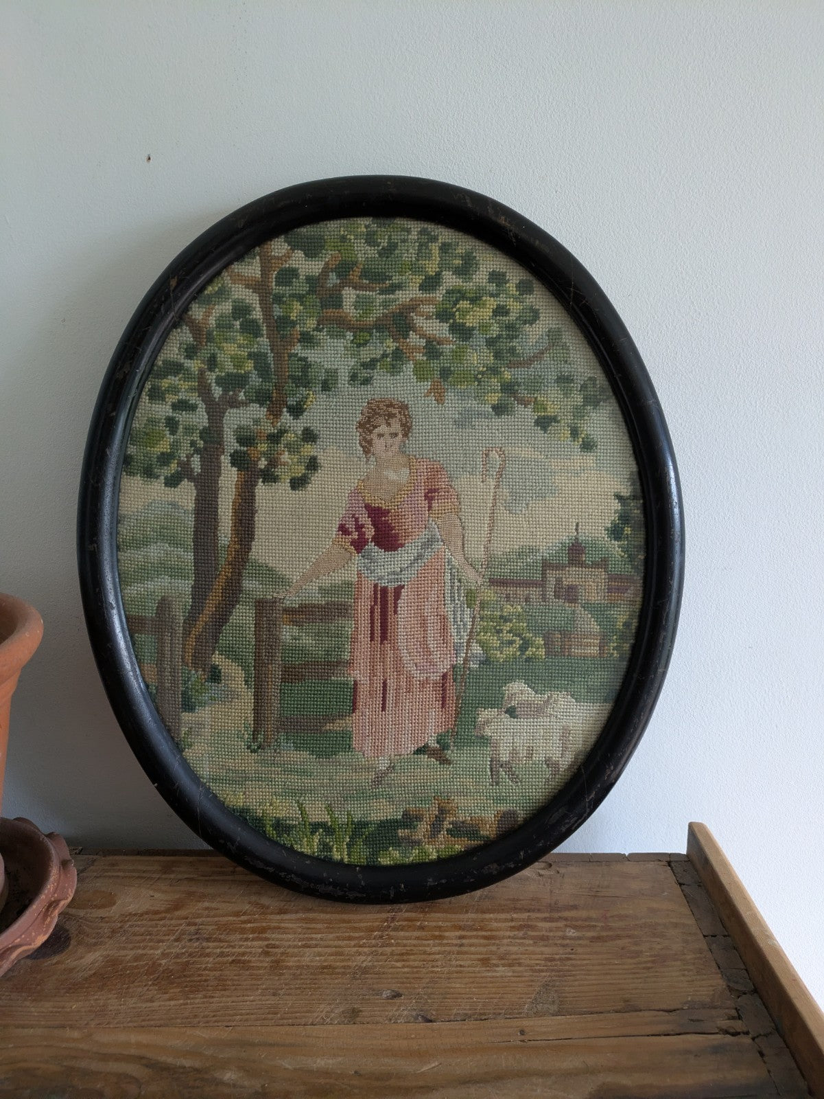 Antique Oval Vintage Framed Handmade Wool Needlepoint Tapestry Shepherdess Sheep