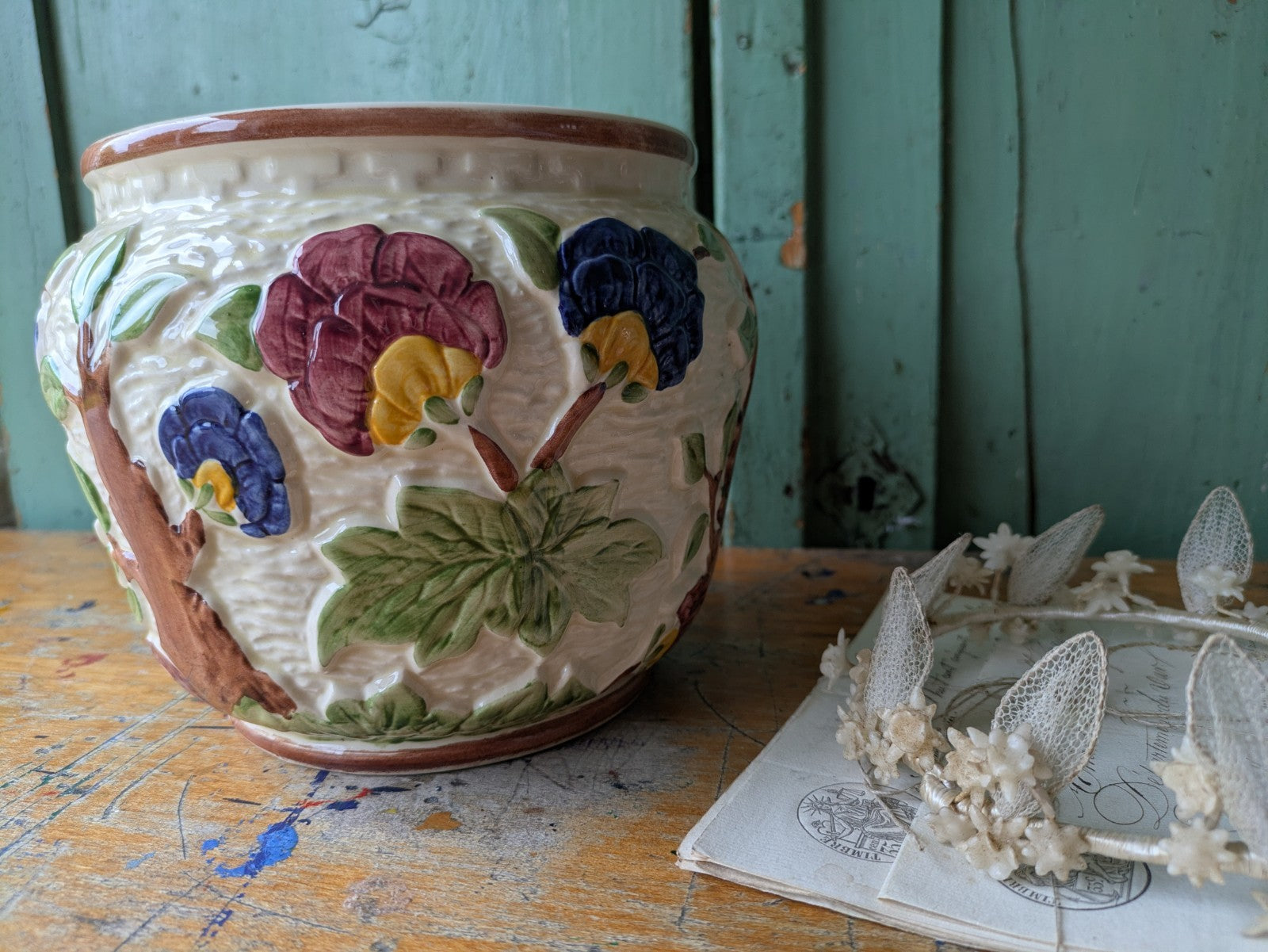 Vintage Plant Pot H J Wood Indian Tree Planter Hand Painted 1930s Colourful Old