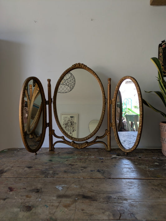 Antique Vintage Rococo Trifold Mirror Dresser Baroque Style Oval Vanity Gilt Vgc