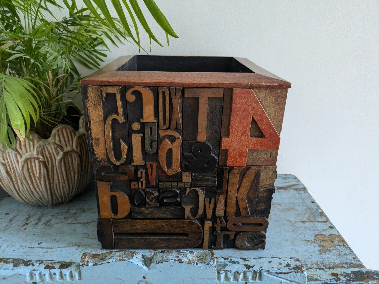 Large Vintage Antique letterpress wooden Printing Blocks Mosaic Planter Pot Bin 