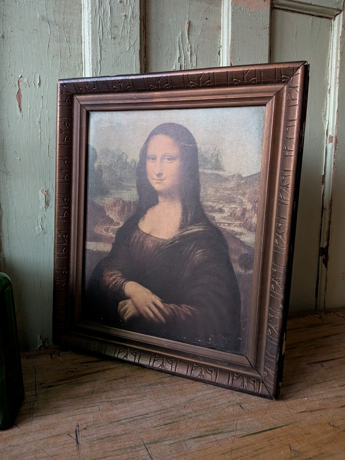 Vintage Mona Lisa Print Picture Gold Frame Leonardo Da Vinci On Board Portrait