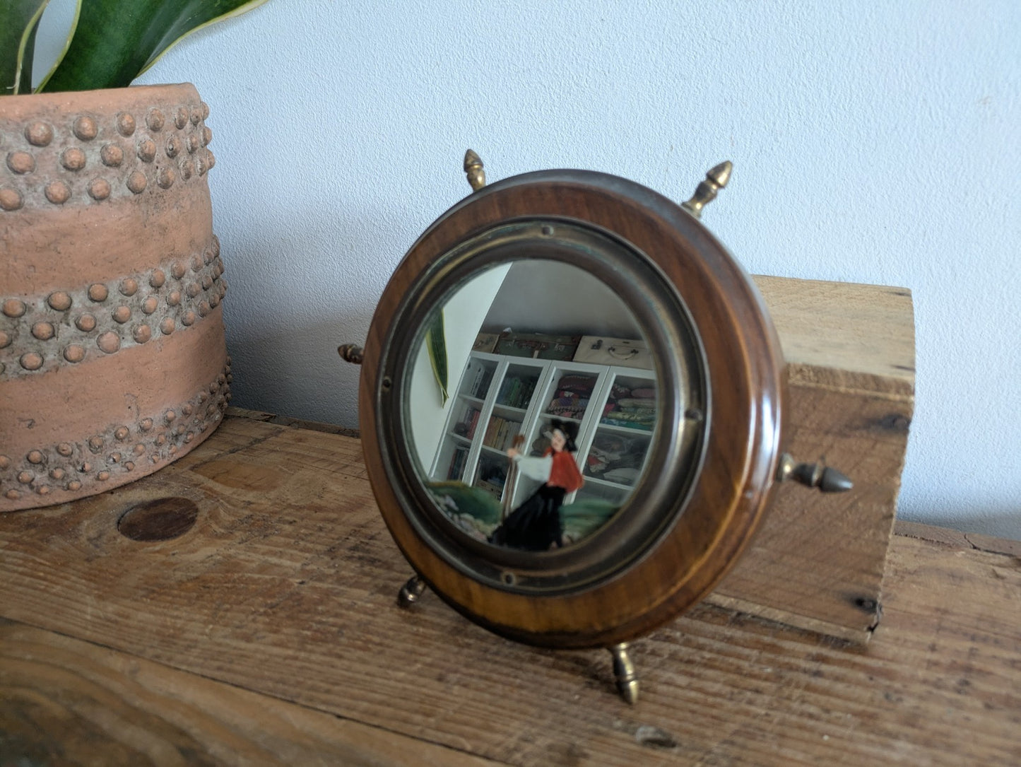 Antique Porthole Maritime Mirror Solid Oak Small Ships Wheel Nautical 1920s Vtg