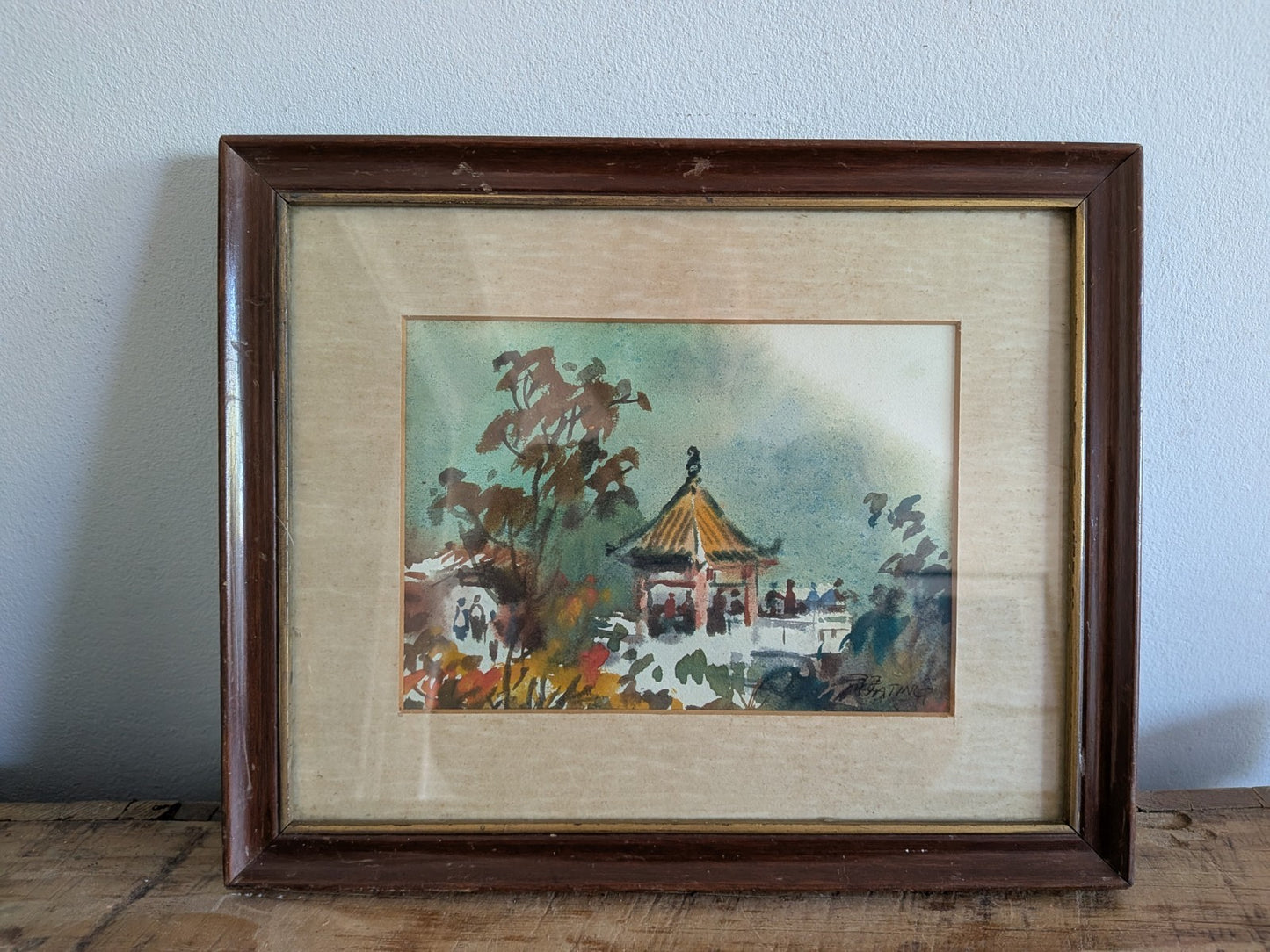 Vintage Traditional Chinese Asian Watercolour Framed Art Painting Pagoda Signed