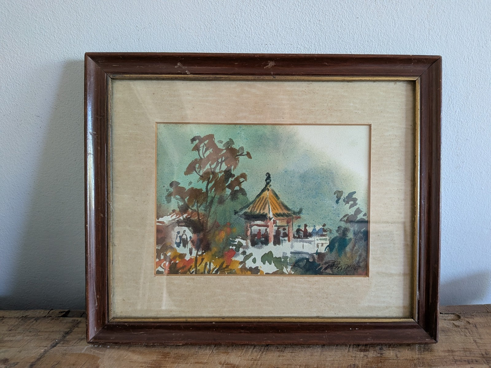 Vintage Traditional Chinese Asian Watercolour Framed Art Painting Pagoda Signed