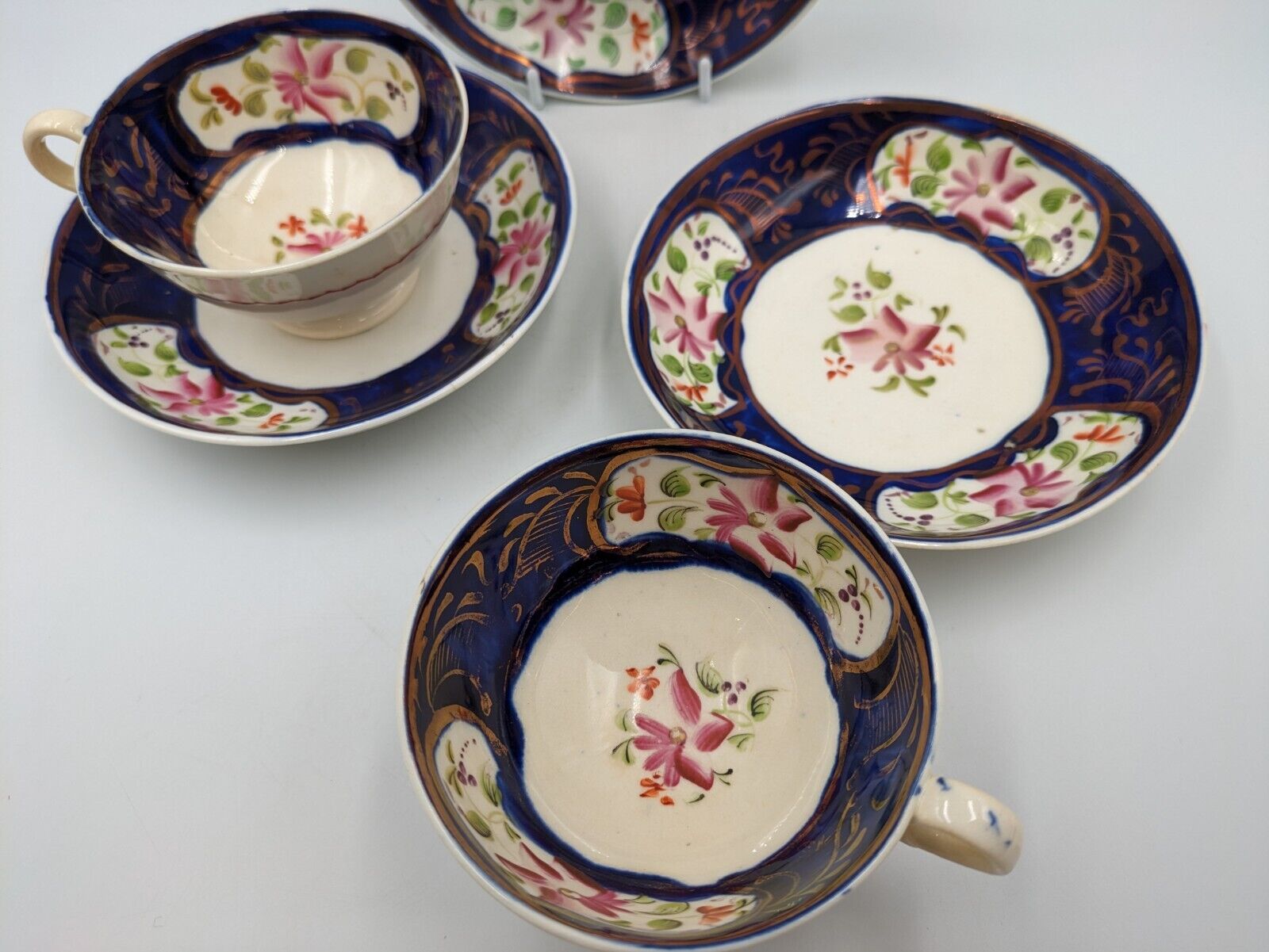 ANTIQUE Mid 1800’s ENGLISH GAUDY WELSH TEA CUPS SAUCERS DUOS COBALT BLUE COPPER 
