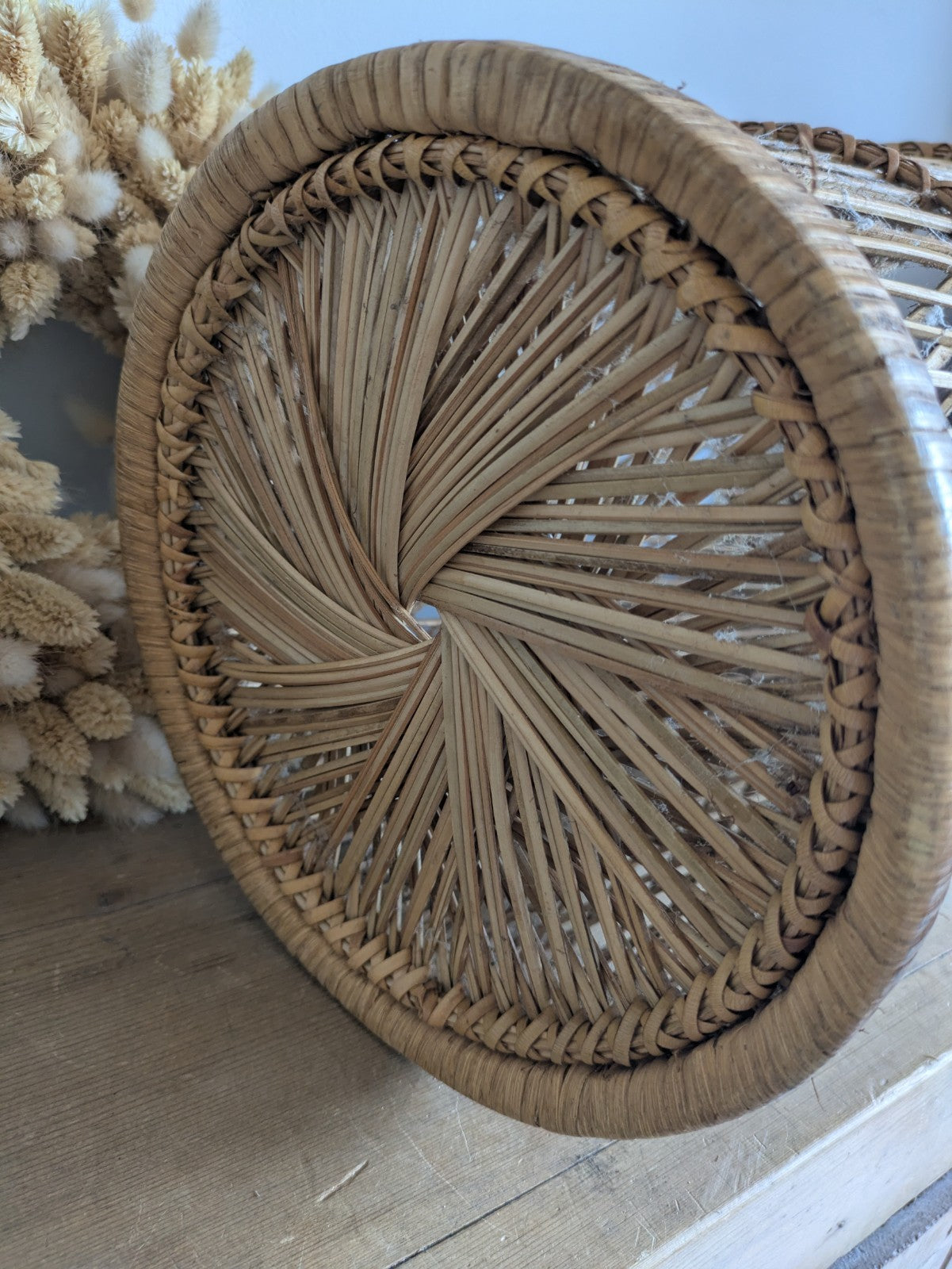 Vintage Tall Woven Wicker Rattan Boho Umbrella Cane Storage Basket Stand MCM Old