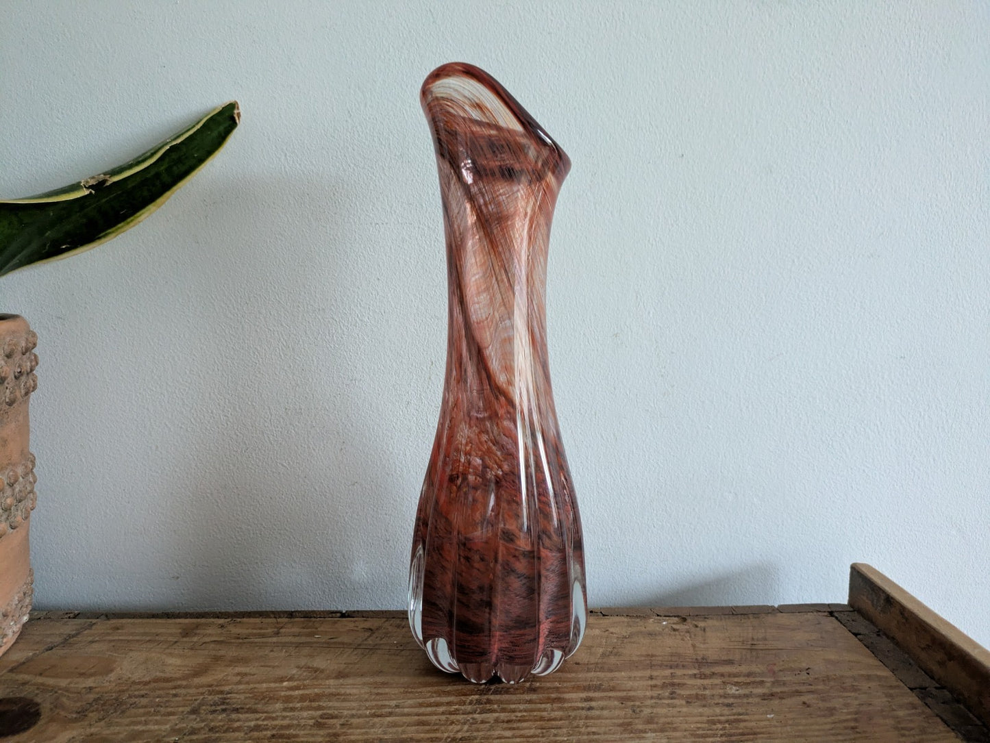 VTG Murano? Studio Art Glass Hand Blown Brown Vase Tall Ribbed Fluted MCM Prop