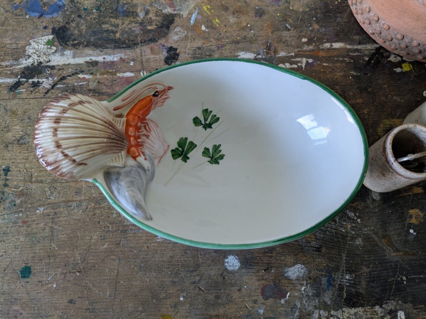 Handmade Italian Lobster Shell Scallop Majolica Oval Porcelain Serving Dish Bowl