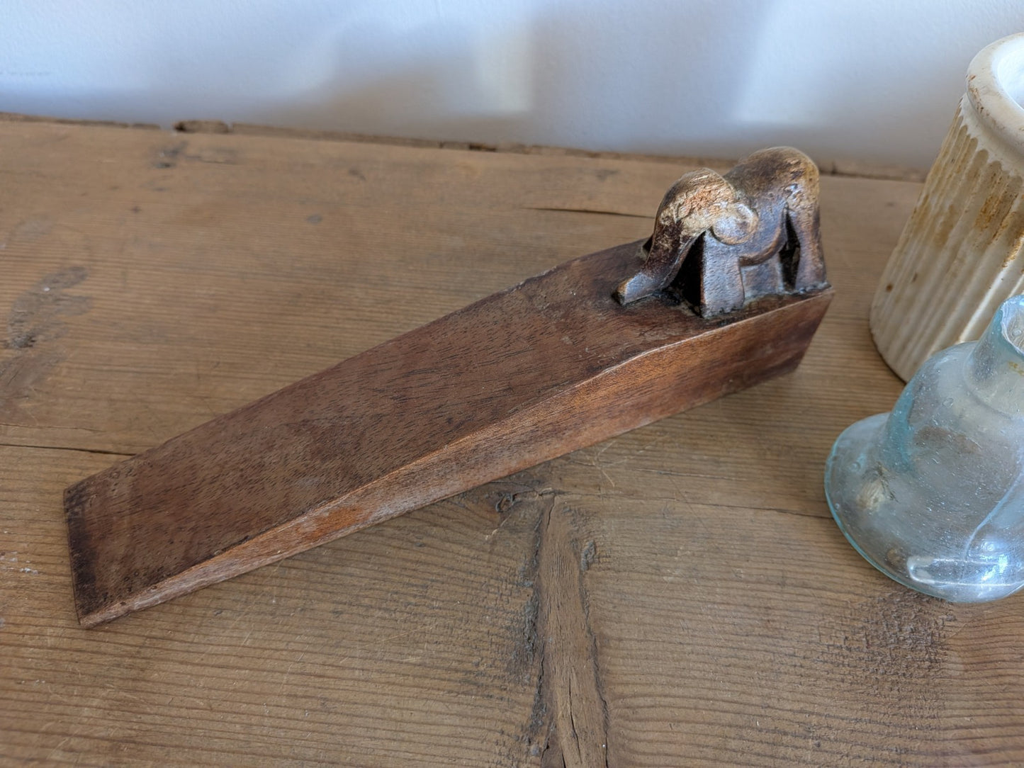 Antique Carved Rare Doorstop Primitive Wood Wedge Elephant Indian Folk Art Vtg