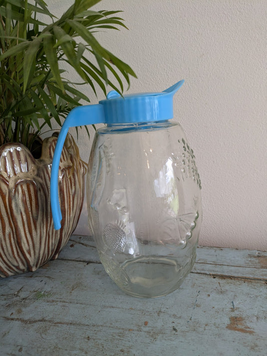 Vintage Glass Juice Jug 80s 70s Blue Plastic Handle Retro Kitsch Breakfast Fruit
