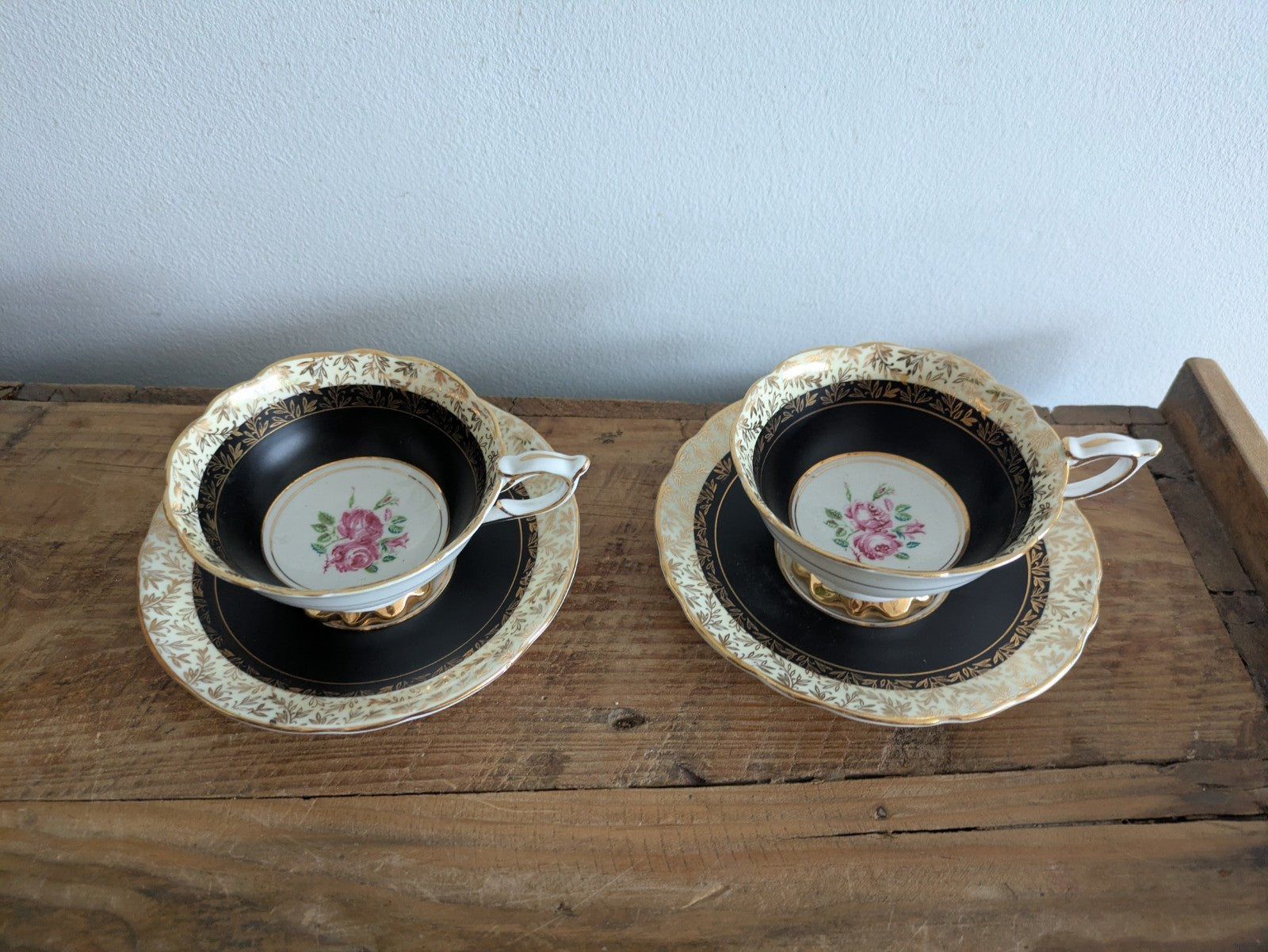 Pair Duos Vintage Royal Stafford Pink Black Gilt Cabbage Rose Cup and Saucer x2