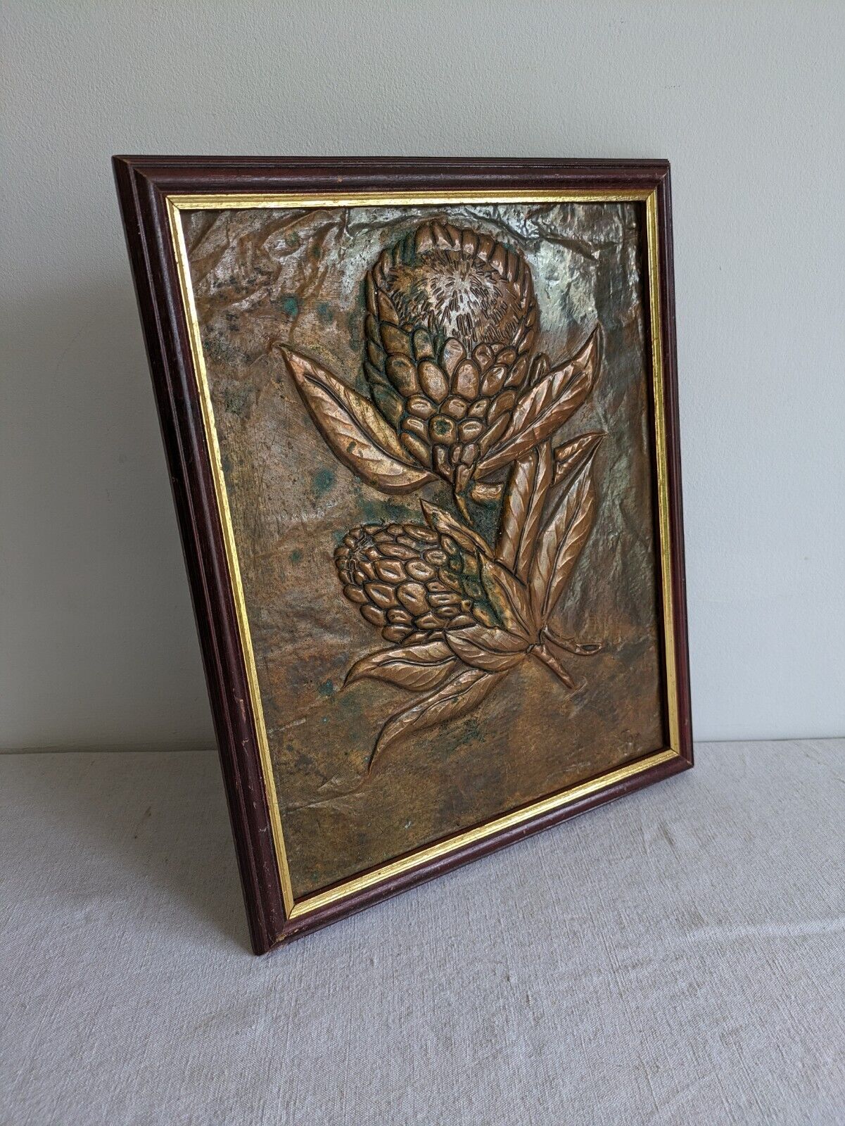 Vintage Copper Plaque Framed Picture Flowers Floral Protia Signed Joy Large Rare