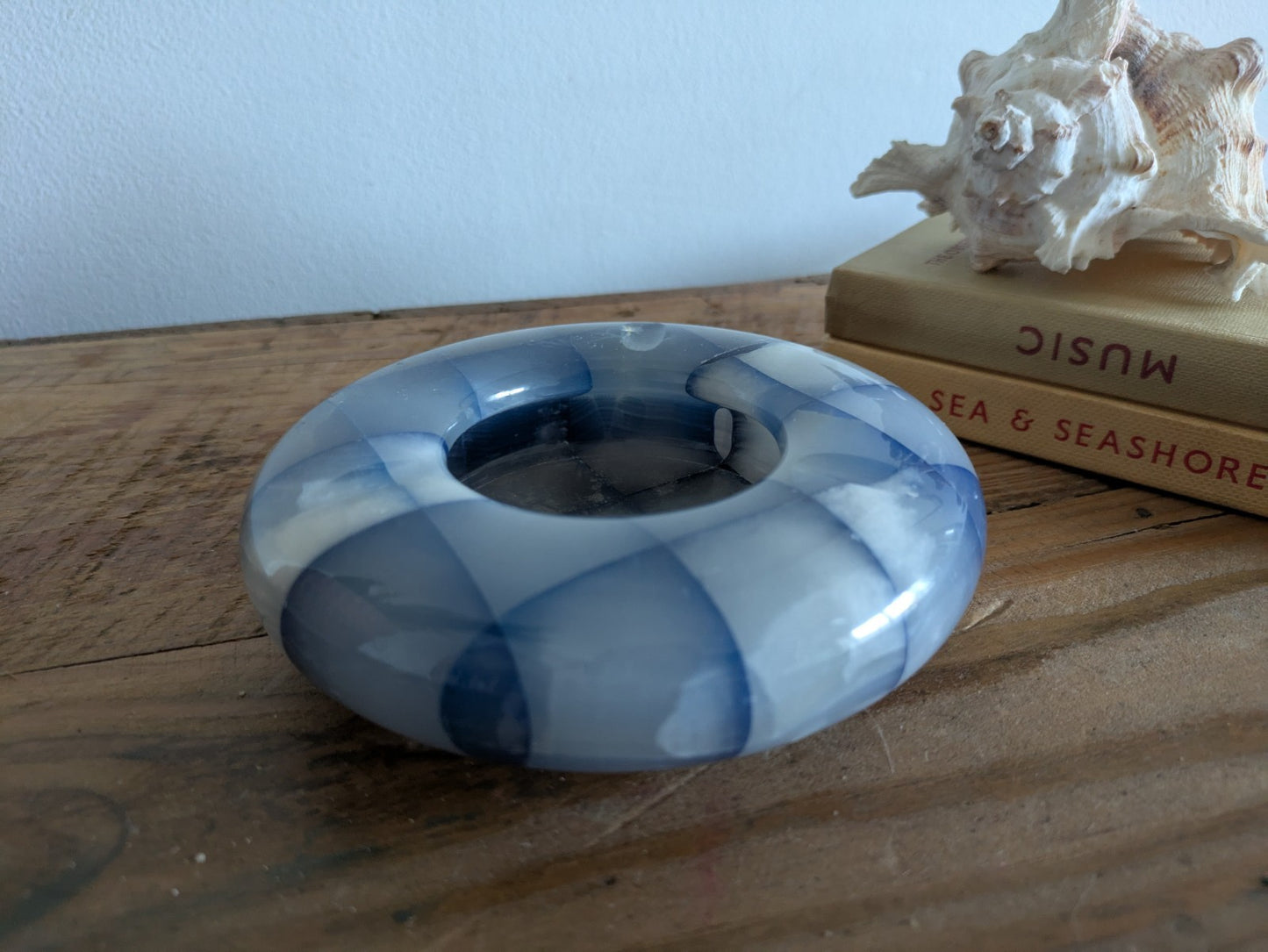 Vintage Round Italian Onyx Ashtray Natural Stone Marble Checkerboard Blue 60-70s