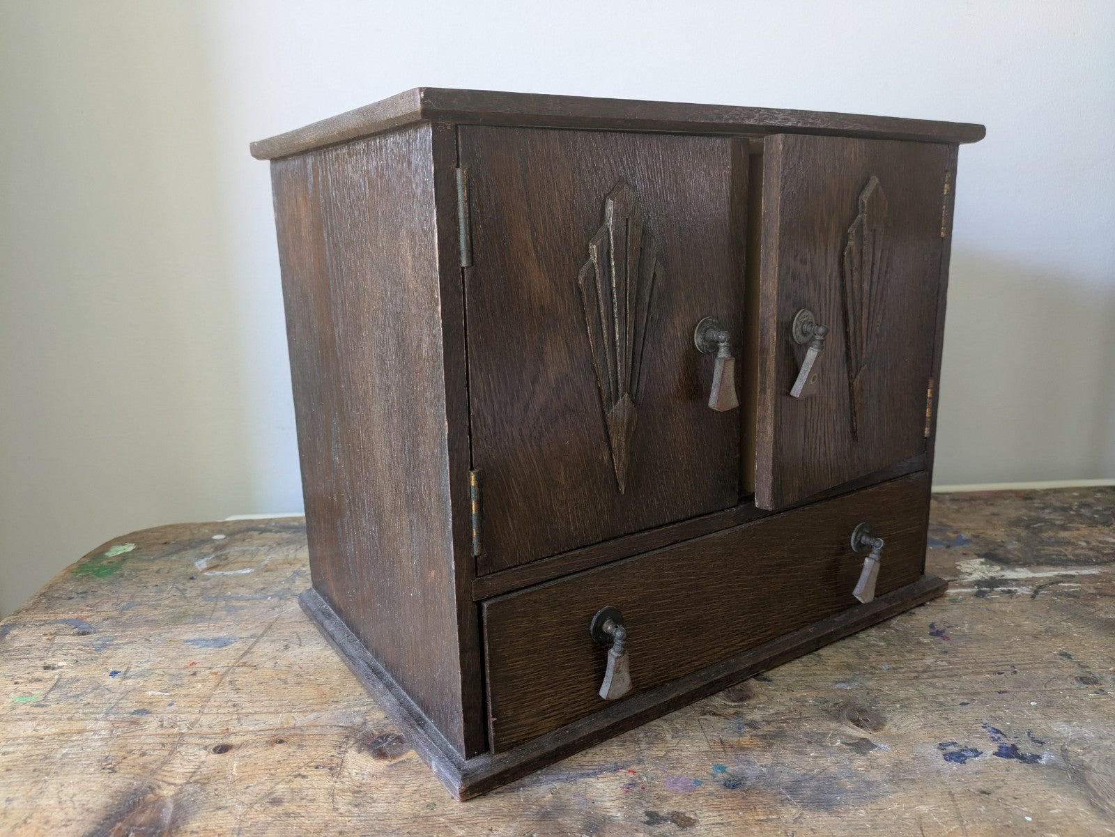 Antique Art Deco Oak Double Fronted Bathroom Wall Vtg Smokers Cabinet Medical 