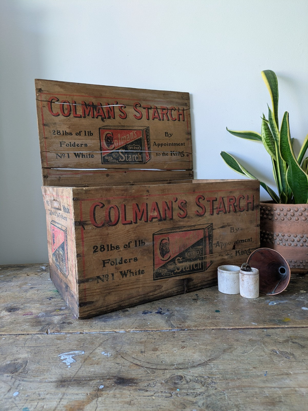 Antique Colmans Starch Printed Wooden Crate Original Large Vintage Advertising 