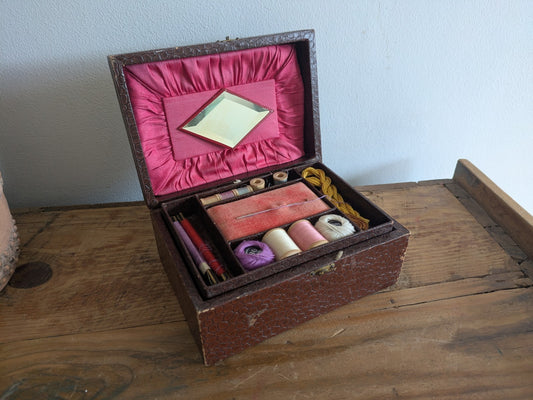Antique Faux Crocodile Brown Leather Child’s Sewing Box with Contents Workbox 