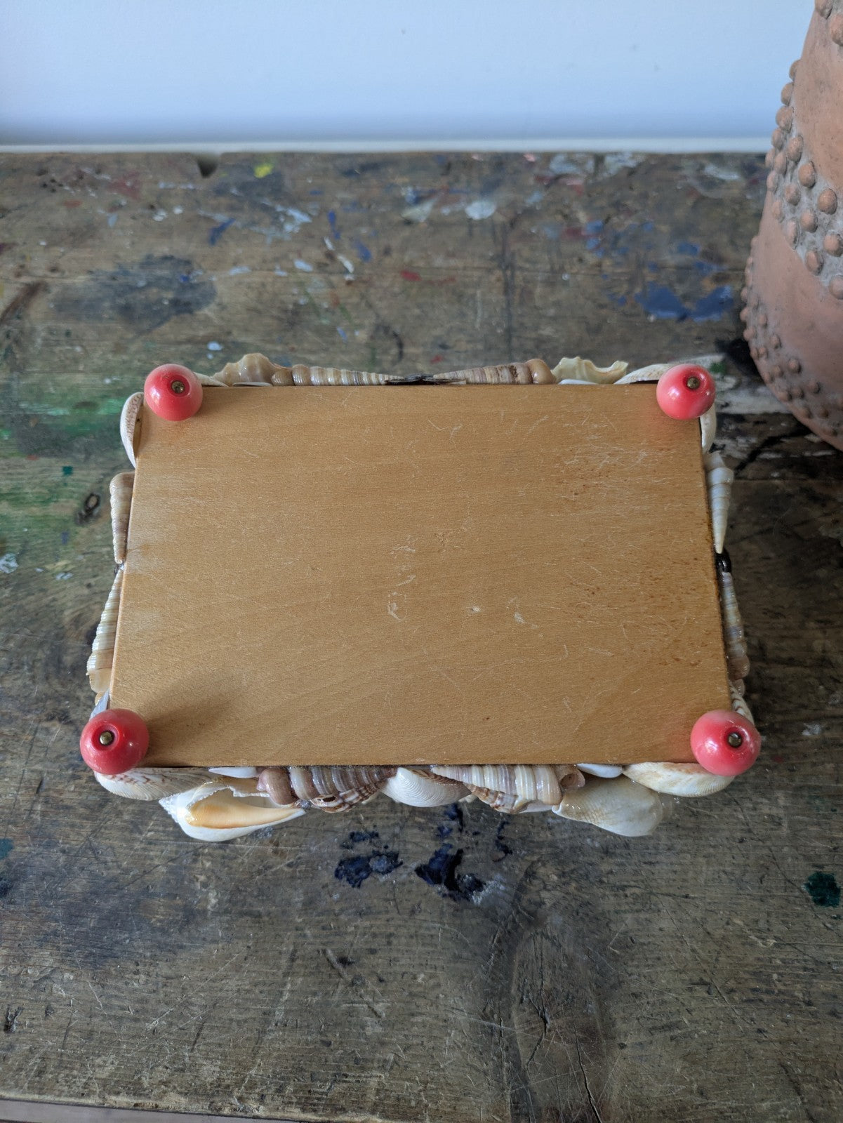 Vintage Seashell Encrusted Trinket Jewelry Box Genuine Retro Lined Wooden Hinged