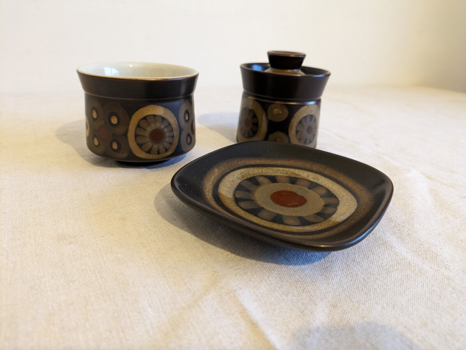 3 PIECE DENBY ARABESQUE 70s TEA BAG DISH SUGAR BOWL JAM 60S SMARKAND POTTERY VGC