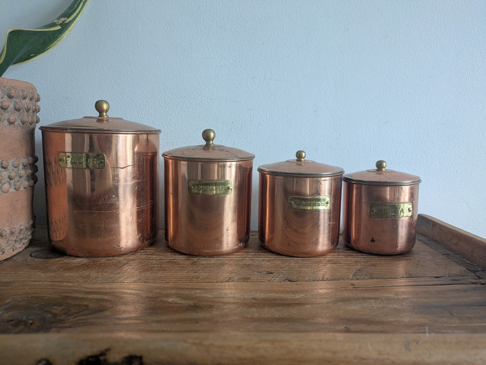 Vtg Copper 4 Nesting Kitchen Canisters MCM Farmhouse Flour Tea Coffee Sugar Prop