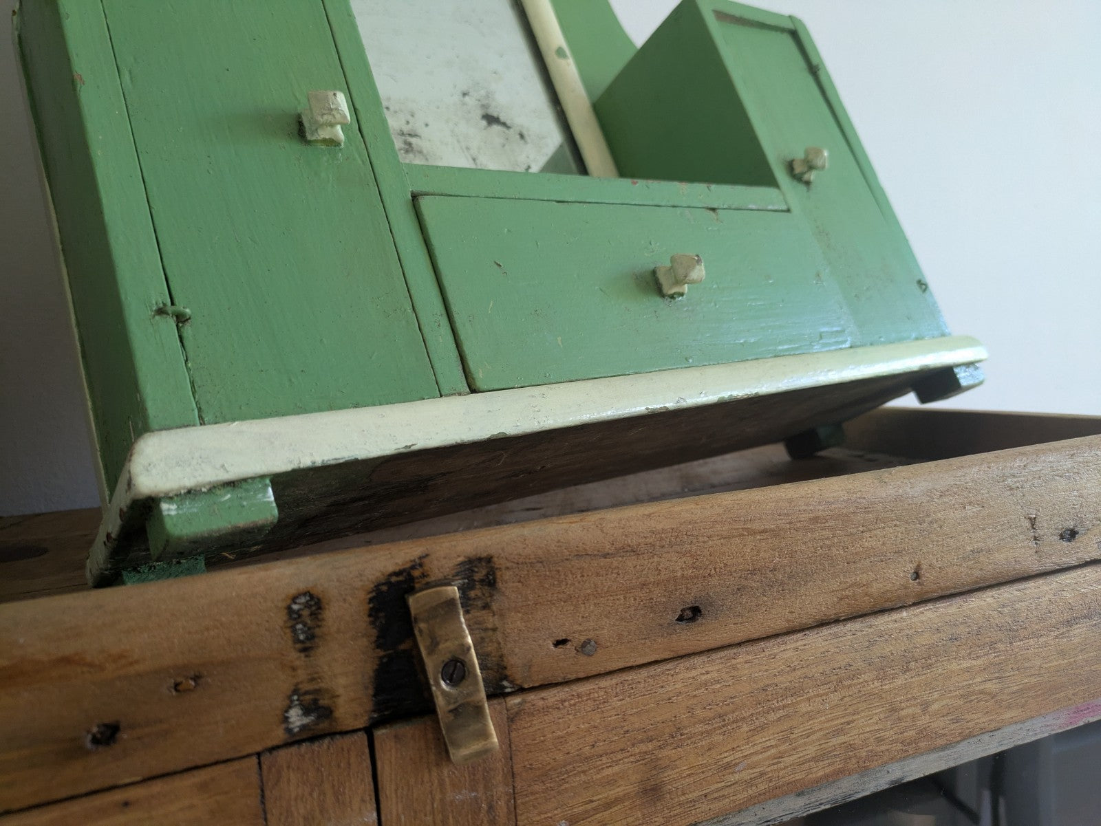 Antique Romanian Art Deco Wood Table Vanity Mirror Drawers Green Cupboard Wall