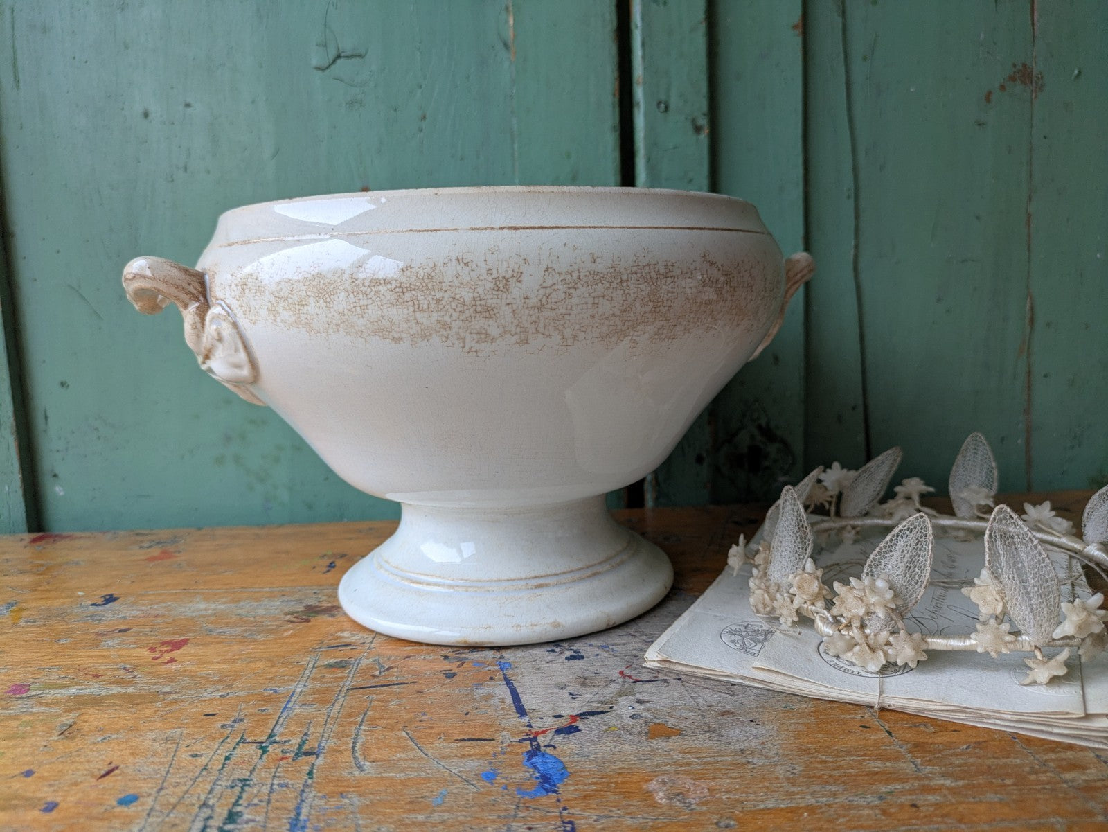 Antique French Faience Soup Tureen/ Soupiere Opaque De Sarreguemines Crazed Rare