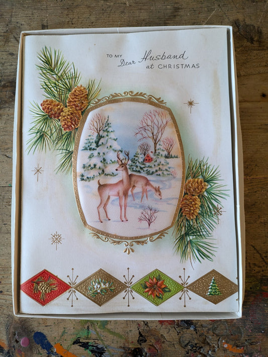Vintage Deer 50s Padded Christmas Xmas Greeting Card Fabric Pine Cone Satin Vgc