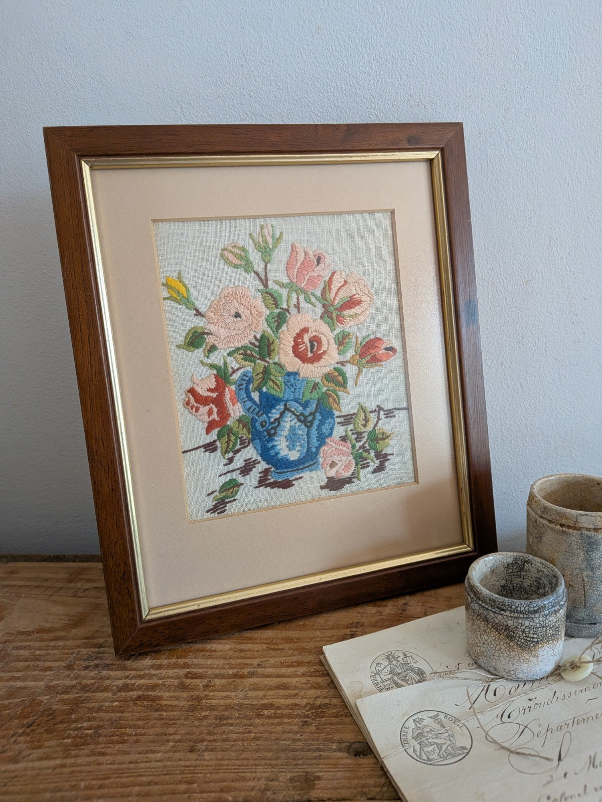 Vintage Pink Rose Bouquet Needlepoint Embroidery Floral Art Handmade Framed Vase