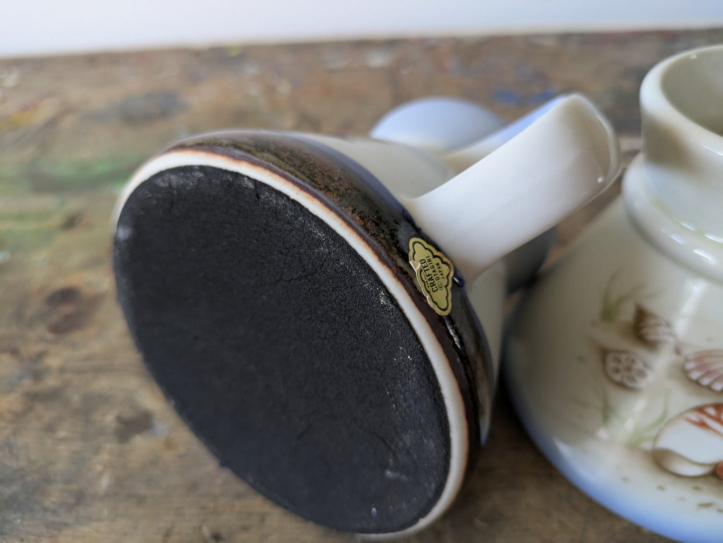 2x Beach Ocean Seashells Seaweed Ceramic Travel Mug No Spill Otagiri VTG Pair