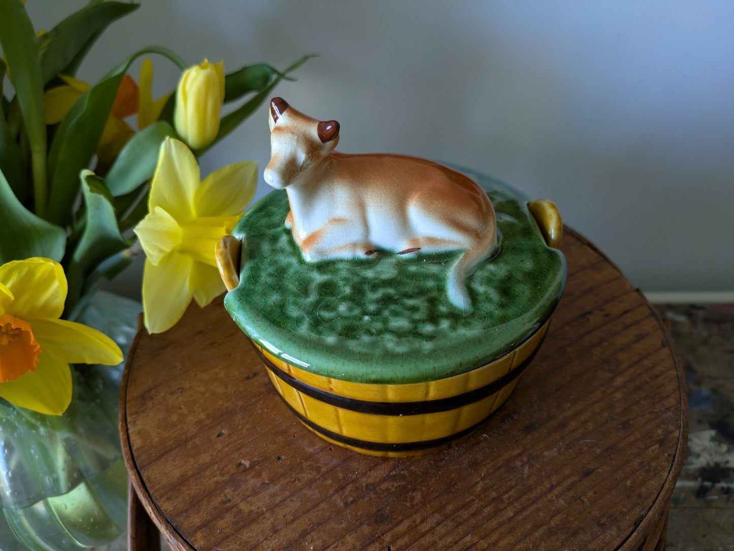 Vintage Secla Pottery Majolica Lidded Butter Dish - cow on a barrel Pot Cheese