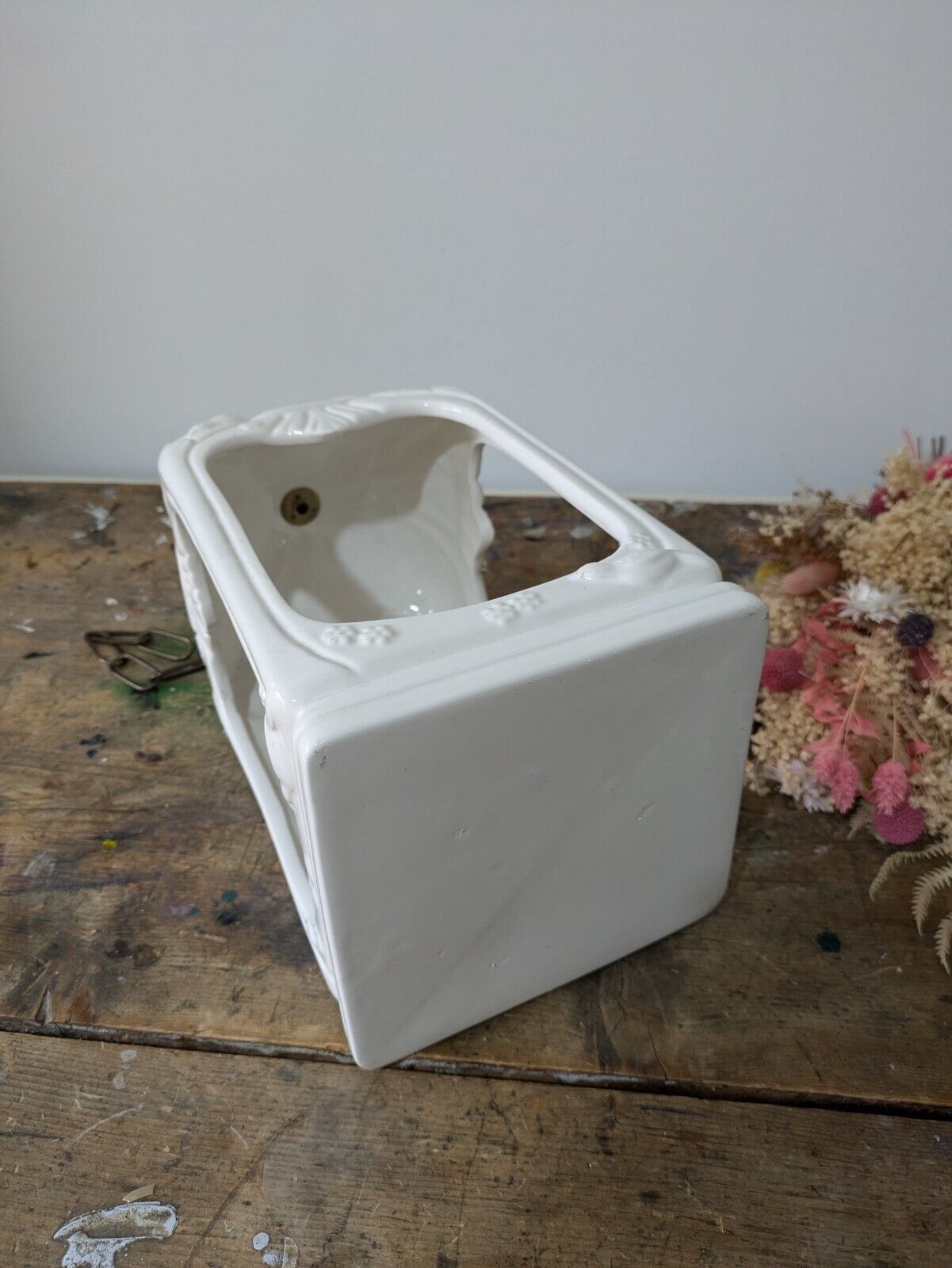 Large VTG White Ceramic Hand Painted Bird Cage Lantern On Chain Candle Holder Vg