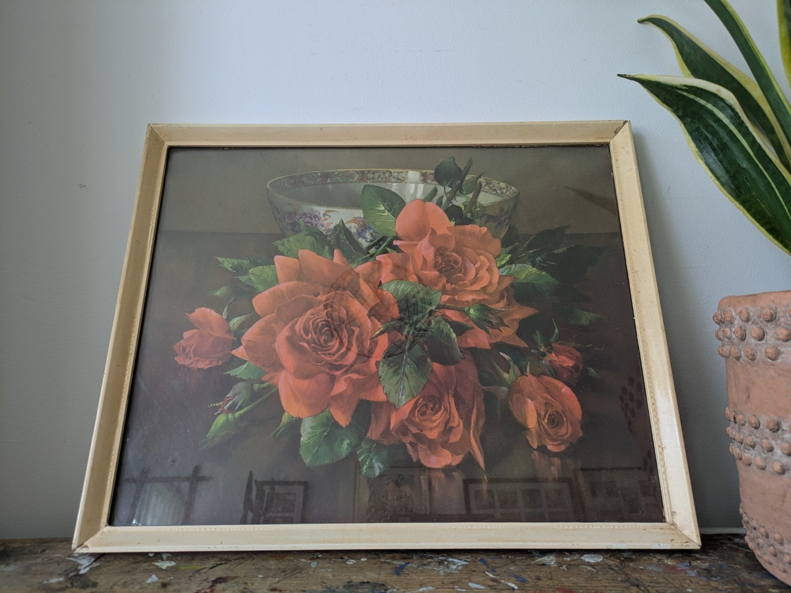 Vintage Kitsch Retro Frame floral bouquet PRINT original Landscape Red Rose Old