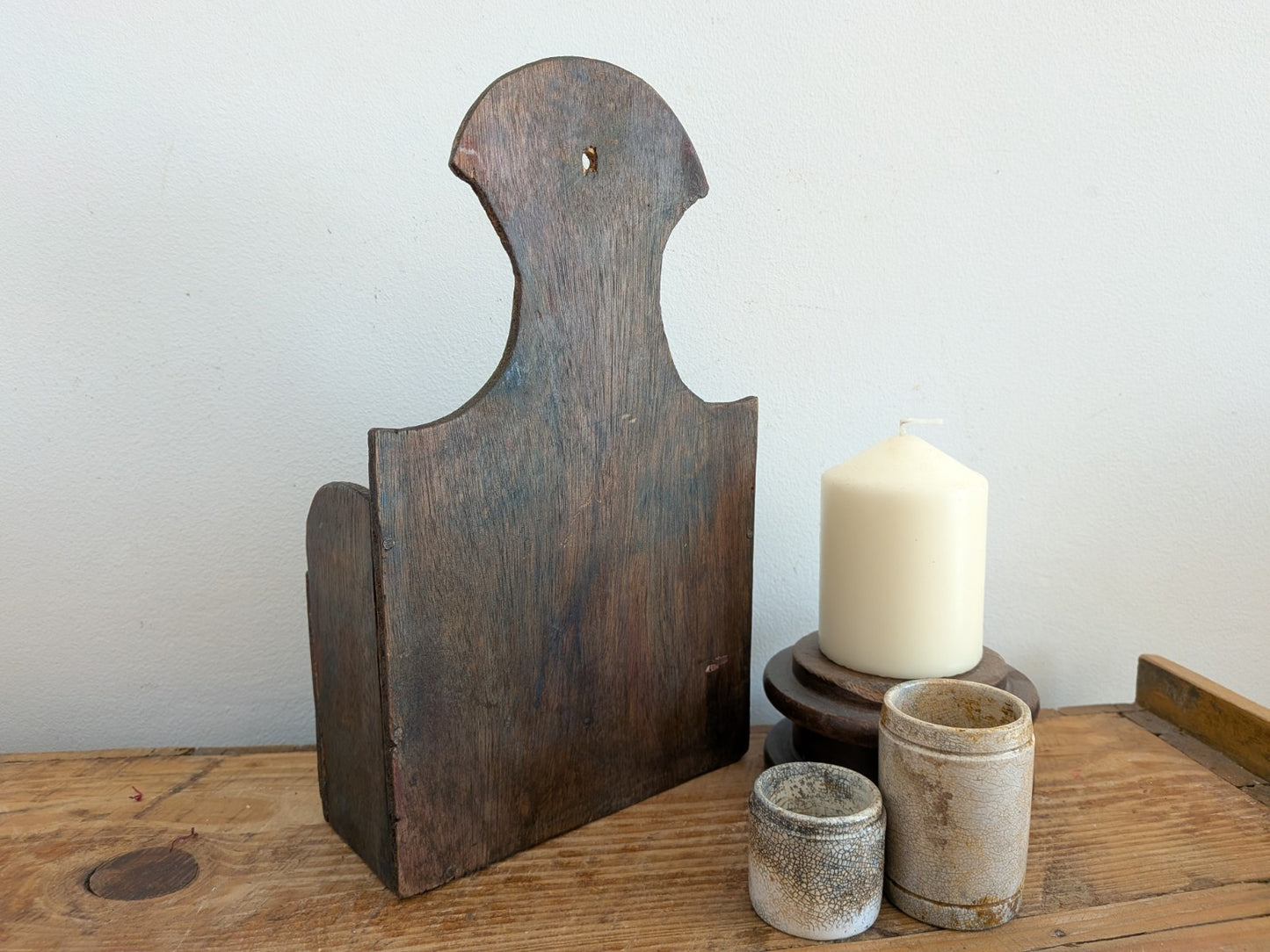 Rustic Wooden Country House Candle Box Wall Sconce Paint Brush Holder VTG Style 