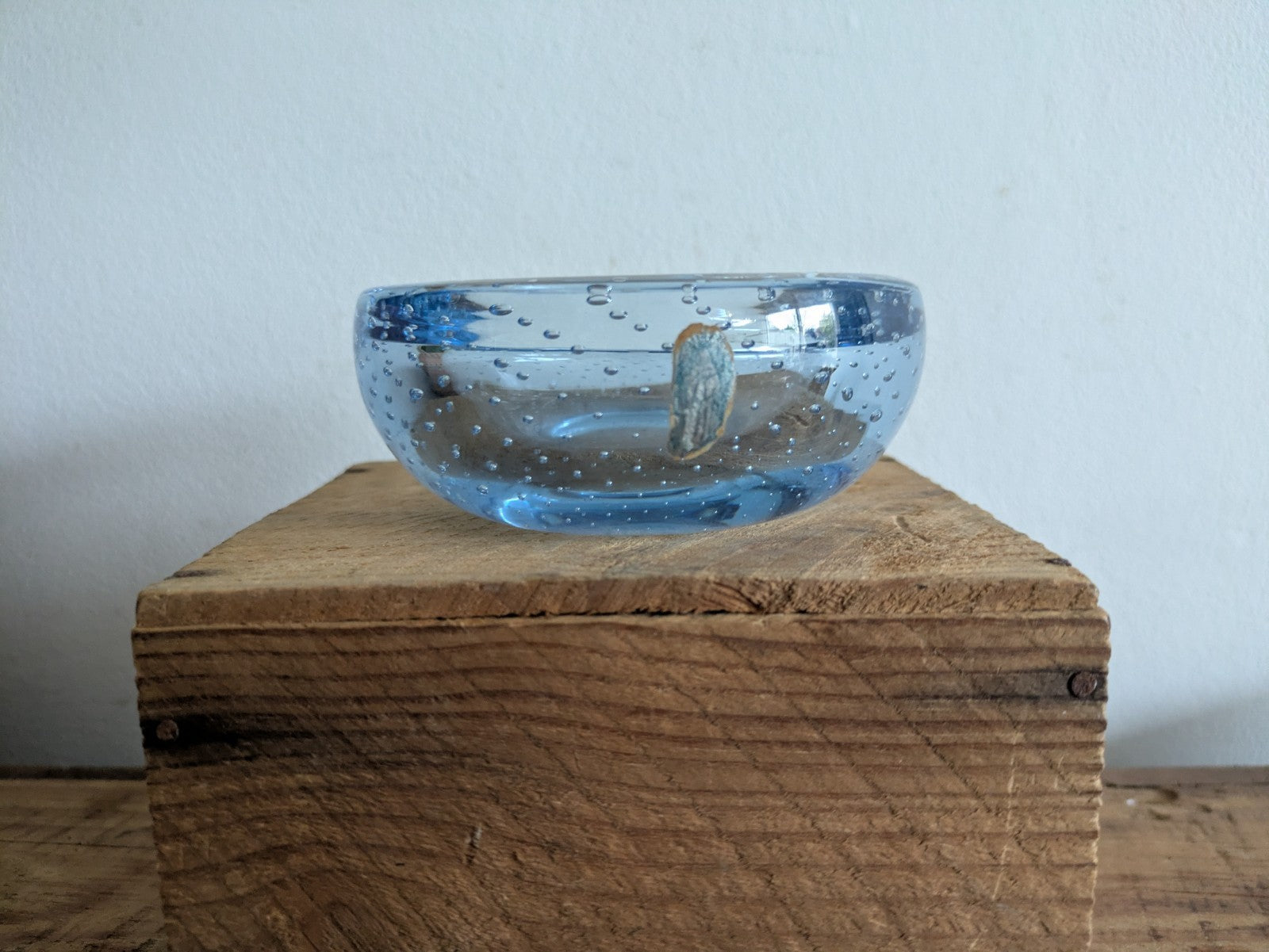 Retro Whitefriars Controlled Bubble Glass Small Dish / Bowl  Blue Vintage 1970's