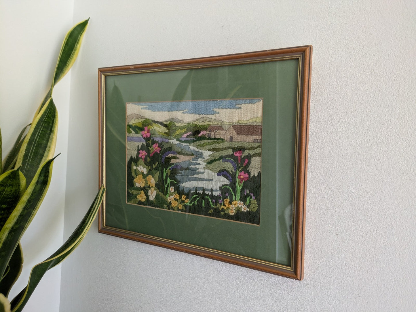 Country Side Embroidery Long Stitch Tapestry Picture Vtg River Floral Landscape