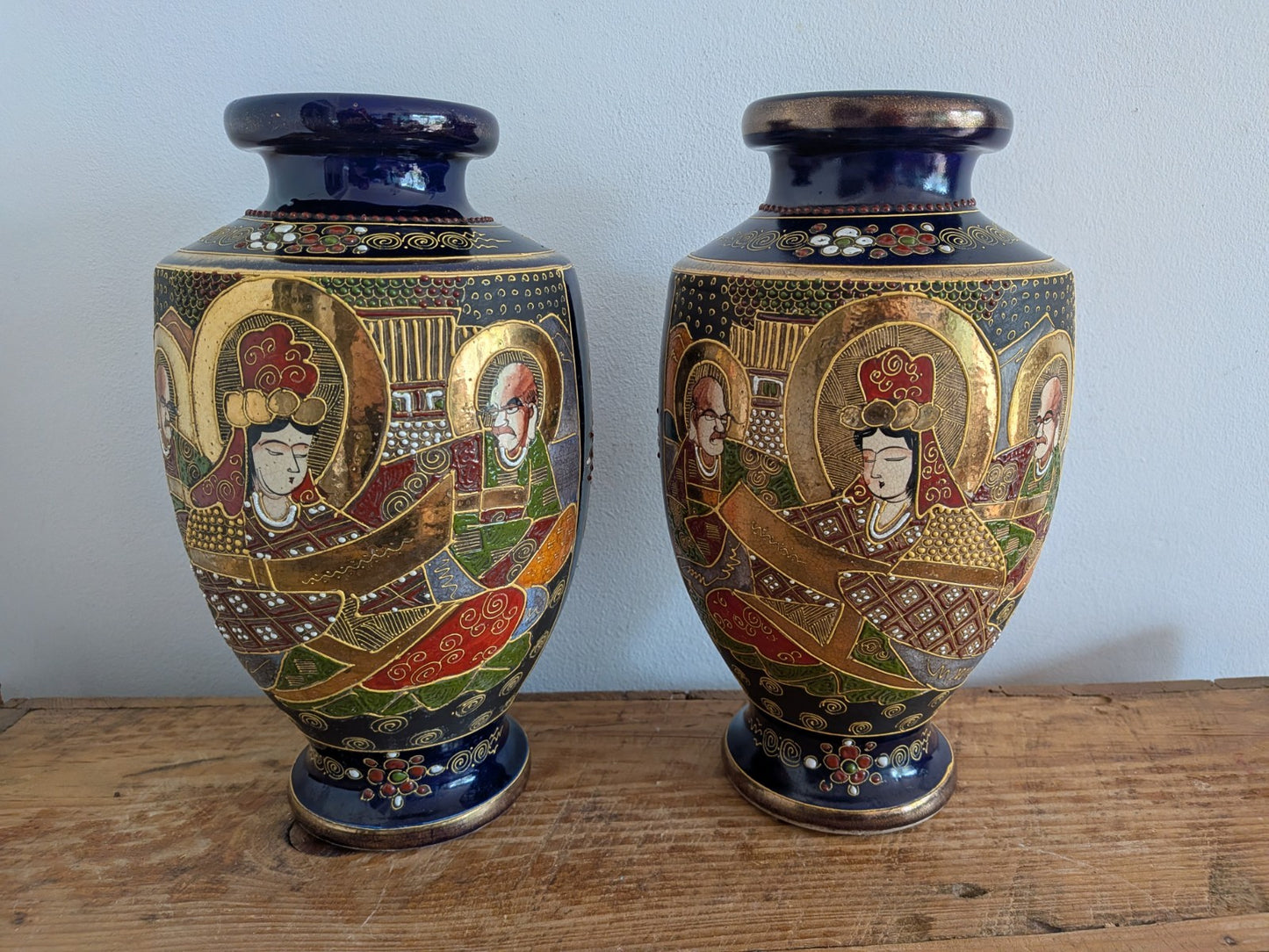 Pair Antique Early 1900s Satsuma Moriage Oriental Vase / Made in Japan Blue Vgc