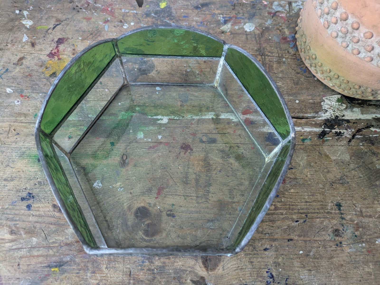 VTG Stained Glass Green Hexagonal Bowl Dish Fruit Serving Table Centre Leaded Vg