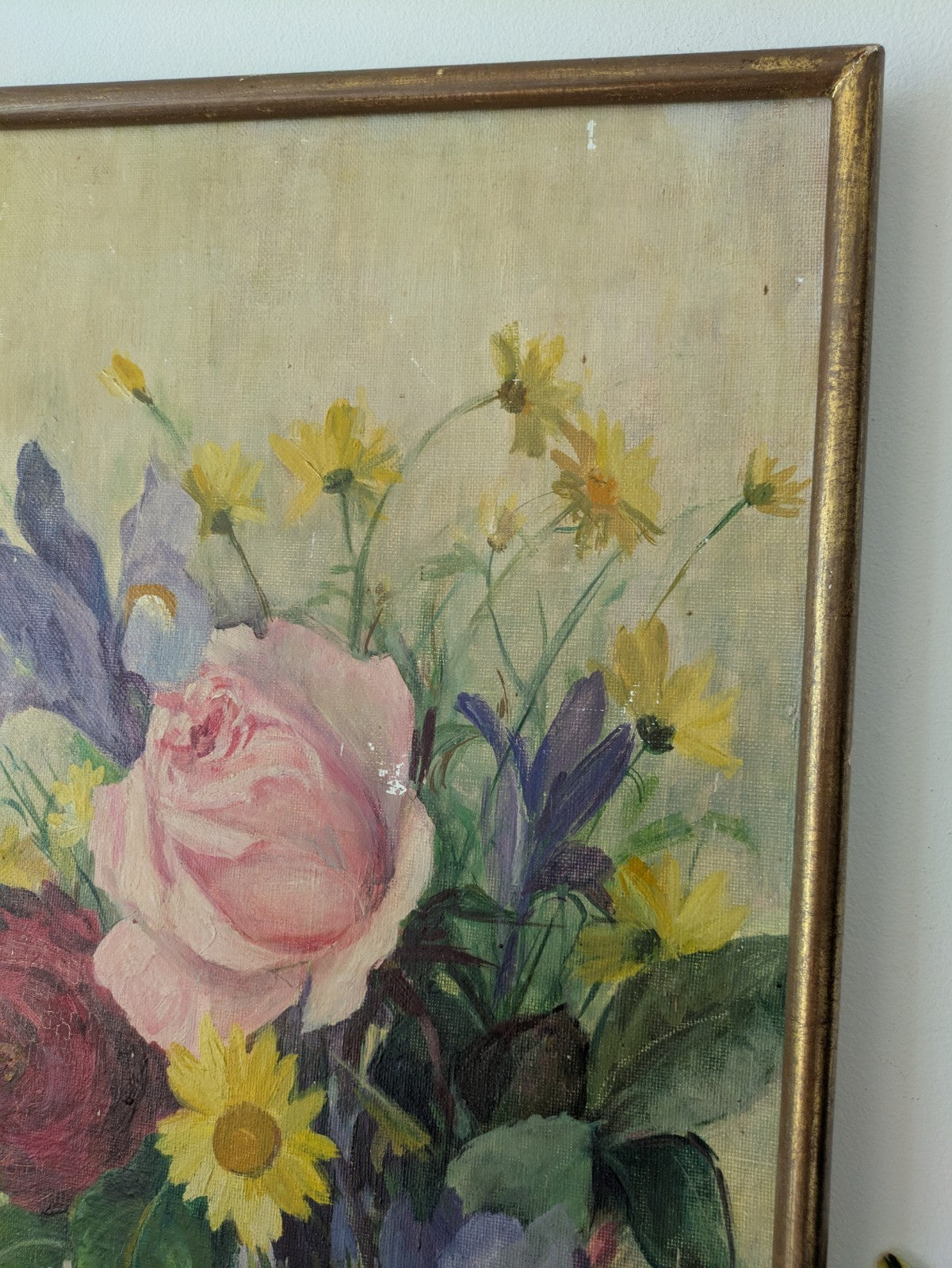Antique Oil Painting Floral Bouquet Picture framed vintage Still Life On Canvas 