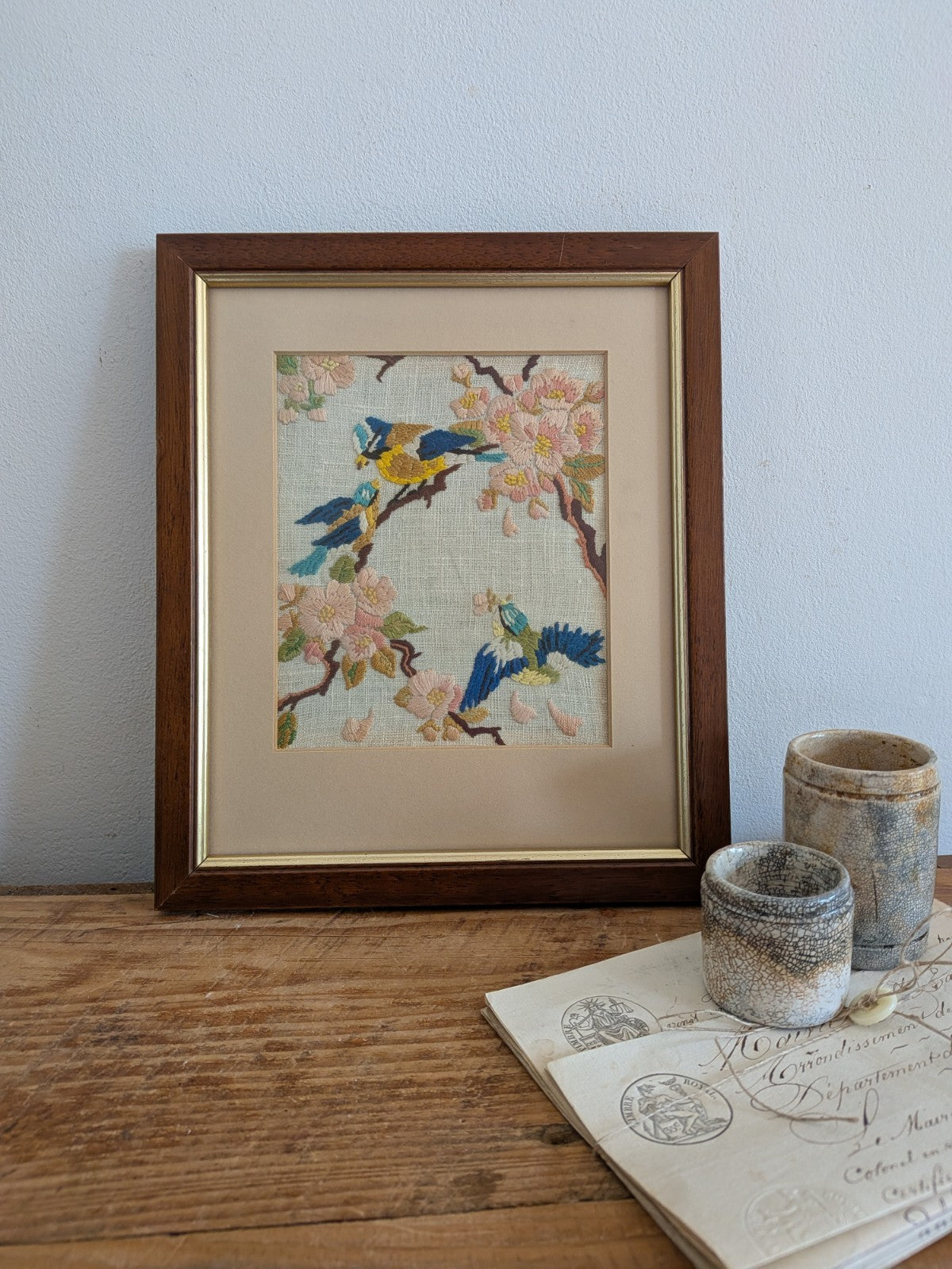 Vintage Blue Tit Needlepoint Embroidery Floral Art Handmade Framed Birds Blossom