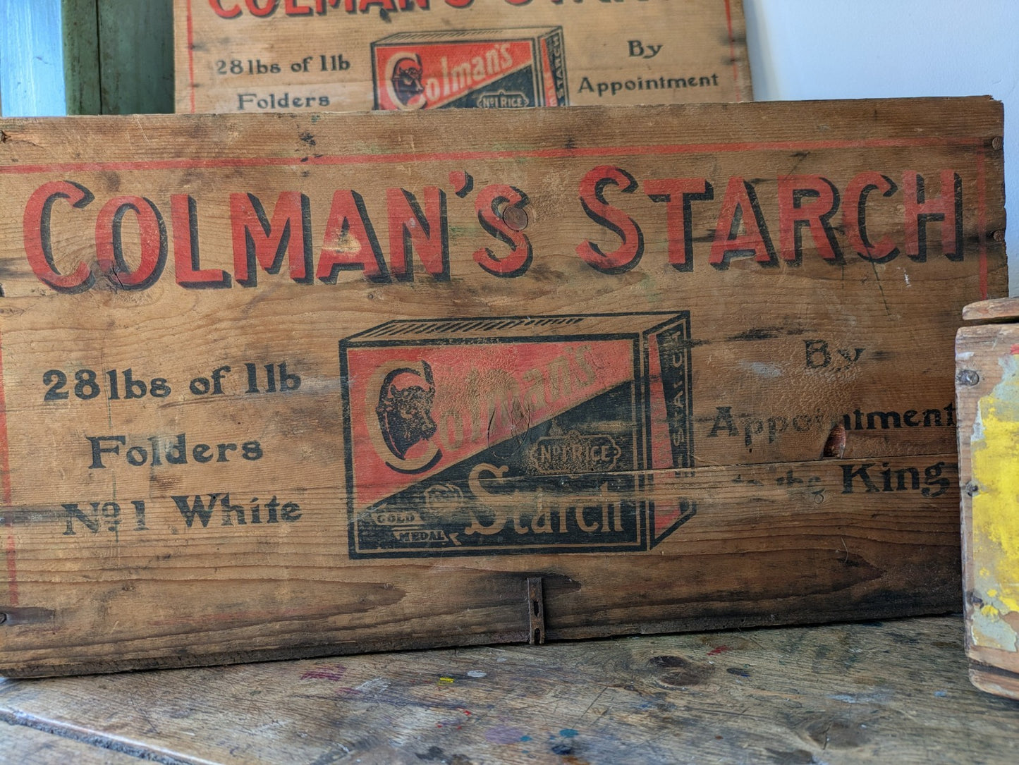 Antique Colmans Starch Printed Wooden Crate Original Large Vintage Advertising 
