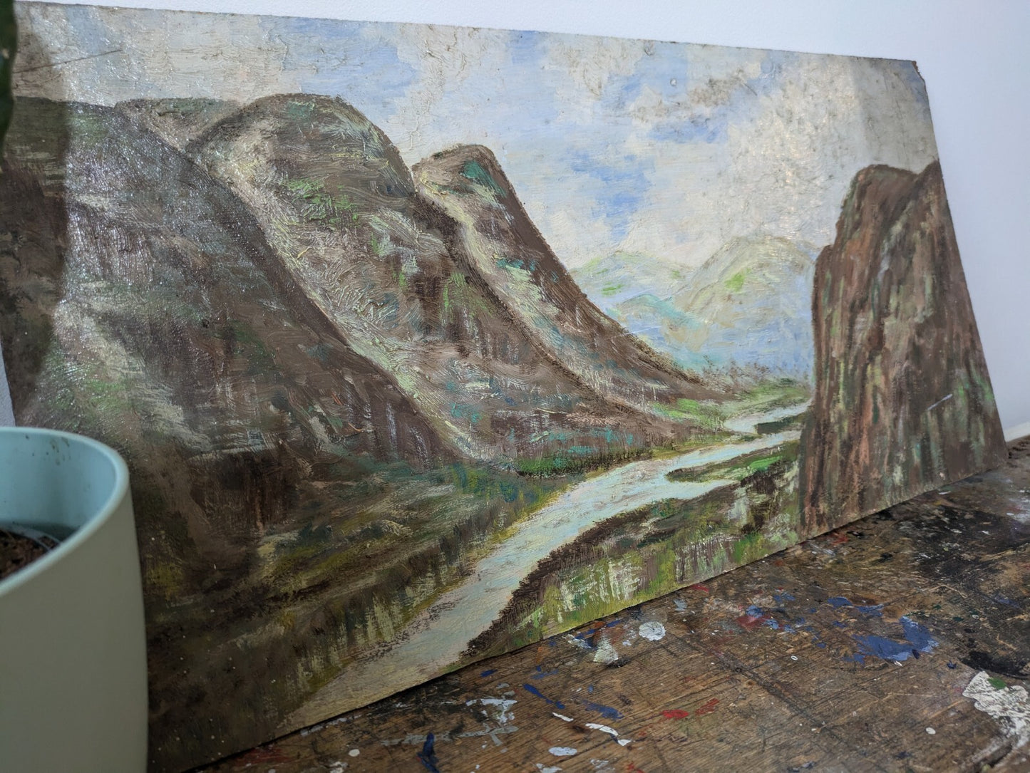 Vtg Painting T Morris Mountains Valley Oil On Board Country Picture Landscape