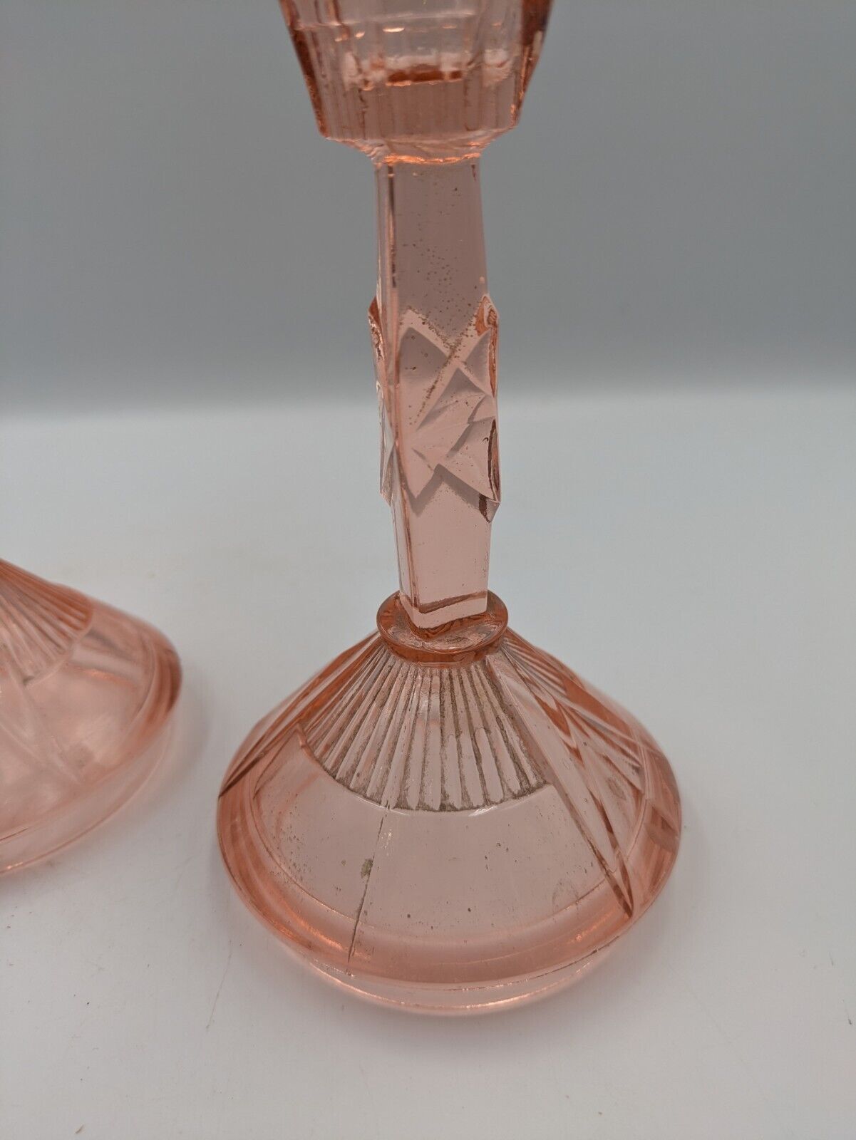 PAIR ART DECO VINTAGE GLASS DEPRESSION PINK GLASS CANDLESTICKS WALTHER VANITY 