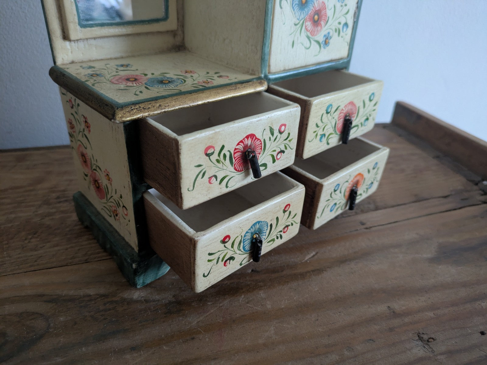 Hand-painted Small Scale Mini Tabletop Cabinet Cupboard Draw Folk Art Furniture
