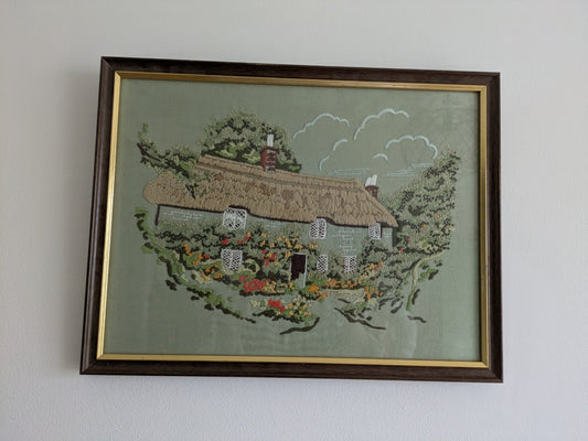 Vintage Old Needlework Crewel Stitchwork Crochet Cottage House Picture English