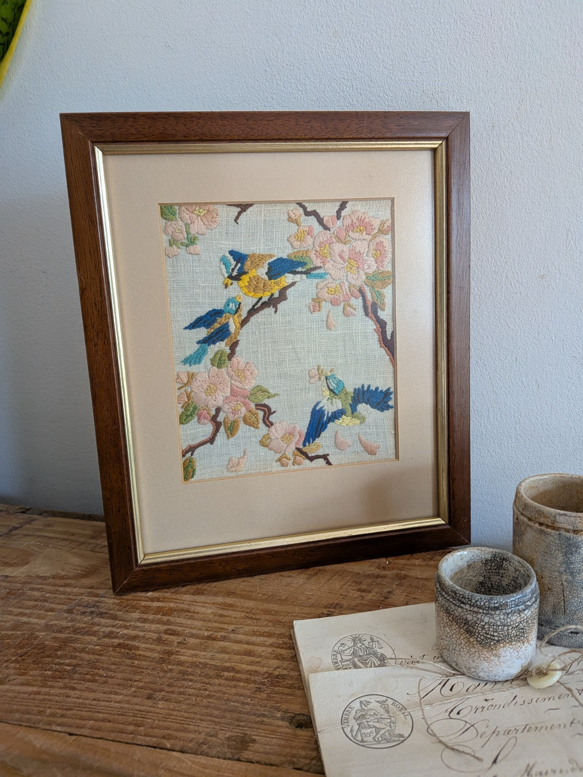 Vintage Blue Tit Needlepoint Embroidery Floral Art Handmade Framed Birds Blossom