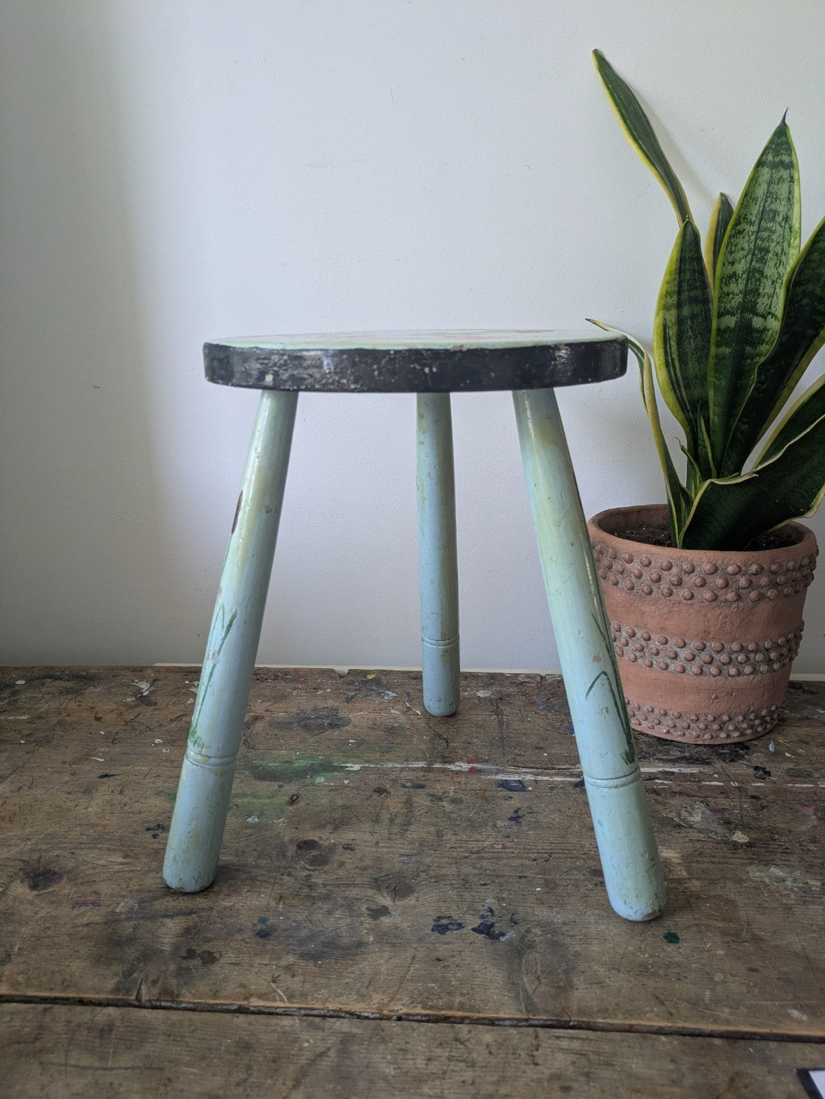 Vintage Stool Folk Art Hand Painted Cherries Blue Chippy Original Antique Tripod