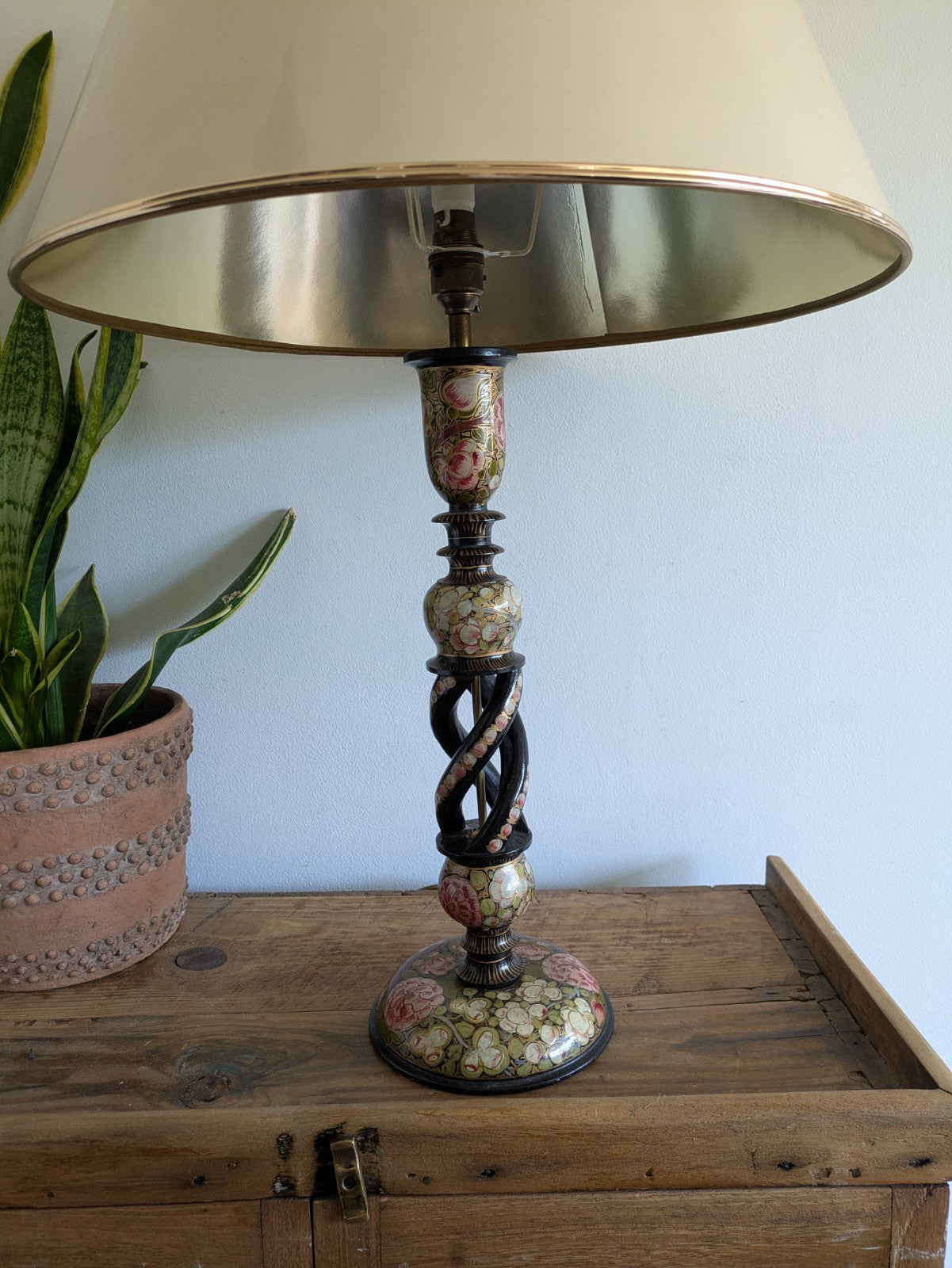 19th C Lamp Vintage Kashmiri Indian Lacquer Papier Mache Gilded Flower Cloisonne
