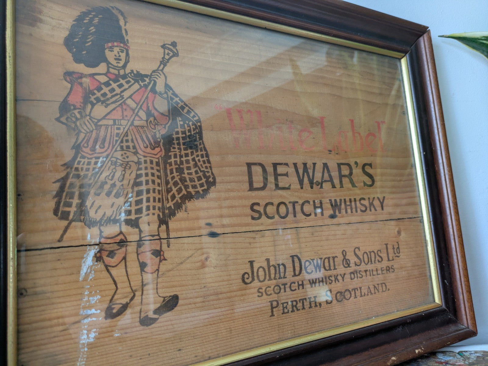 Dewars Whisky White Label Shop Pub Brewery Advertising Wooden Sign Framed Scotch