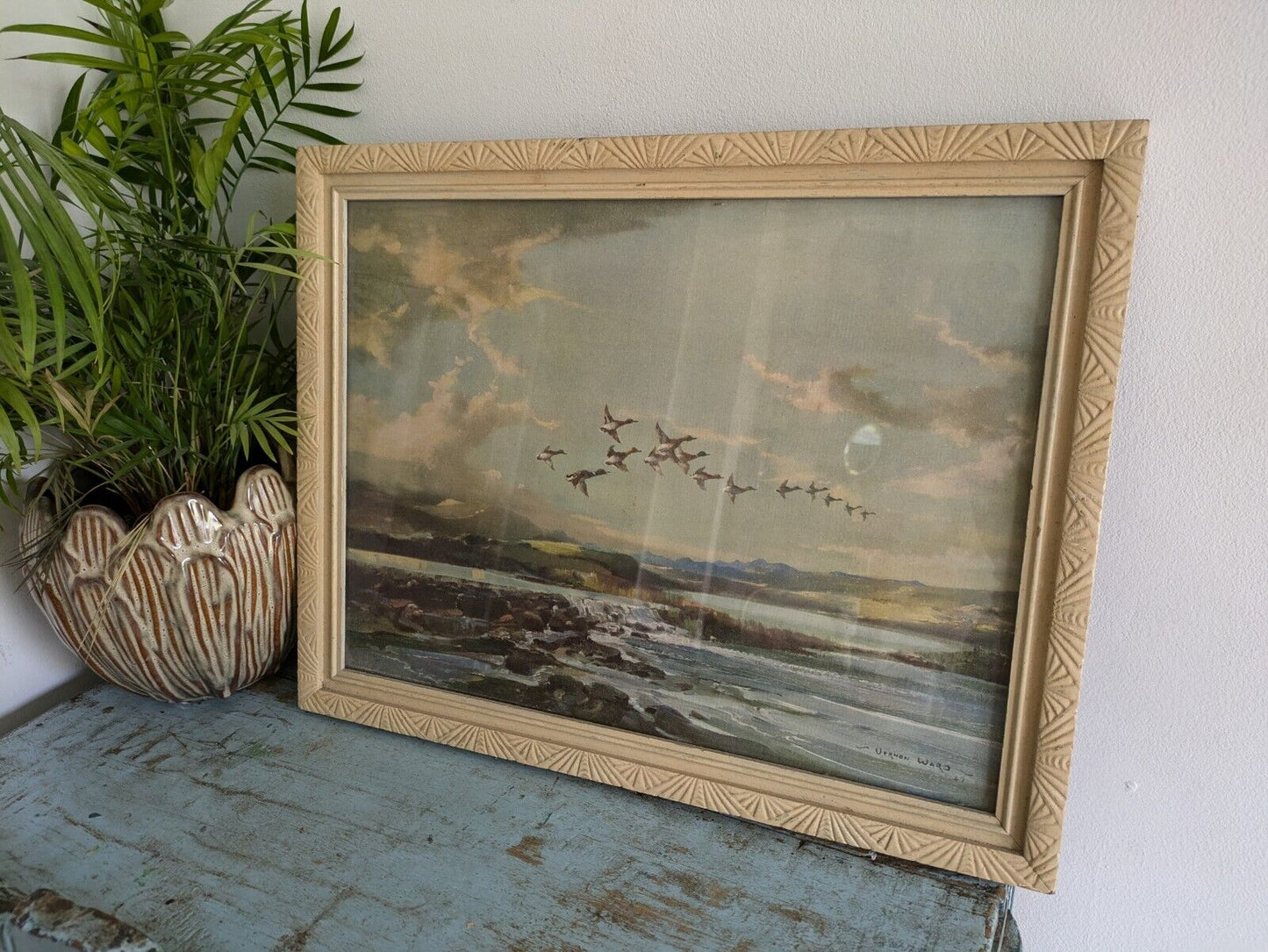 Vintage Vernon Ward Print Framed Art Painting Stream From The Hills Flying Ducks
