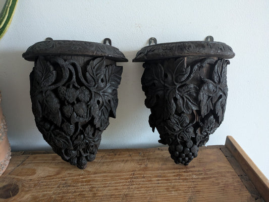 Antique Pair Carved Wall Hanging Shelf Sconce Decor C1880 Demi Lune Rare Vtg 