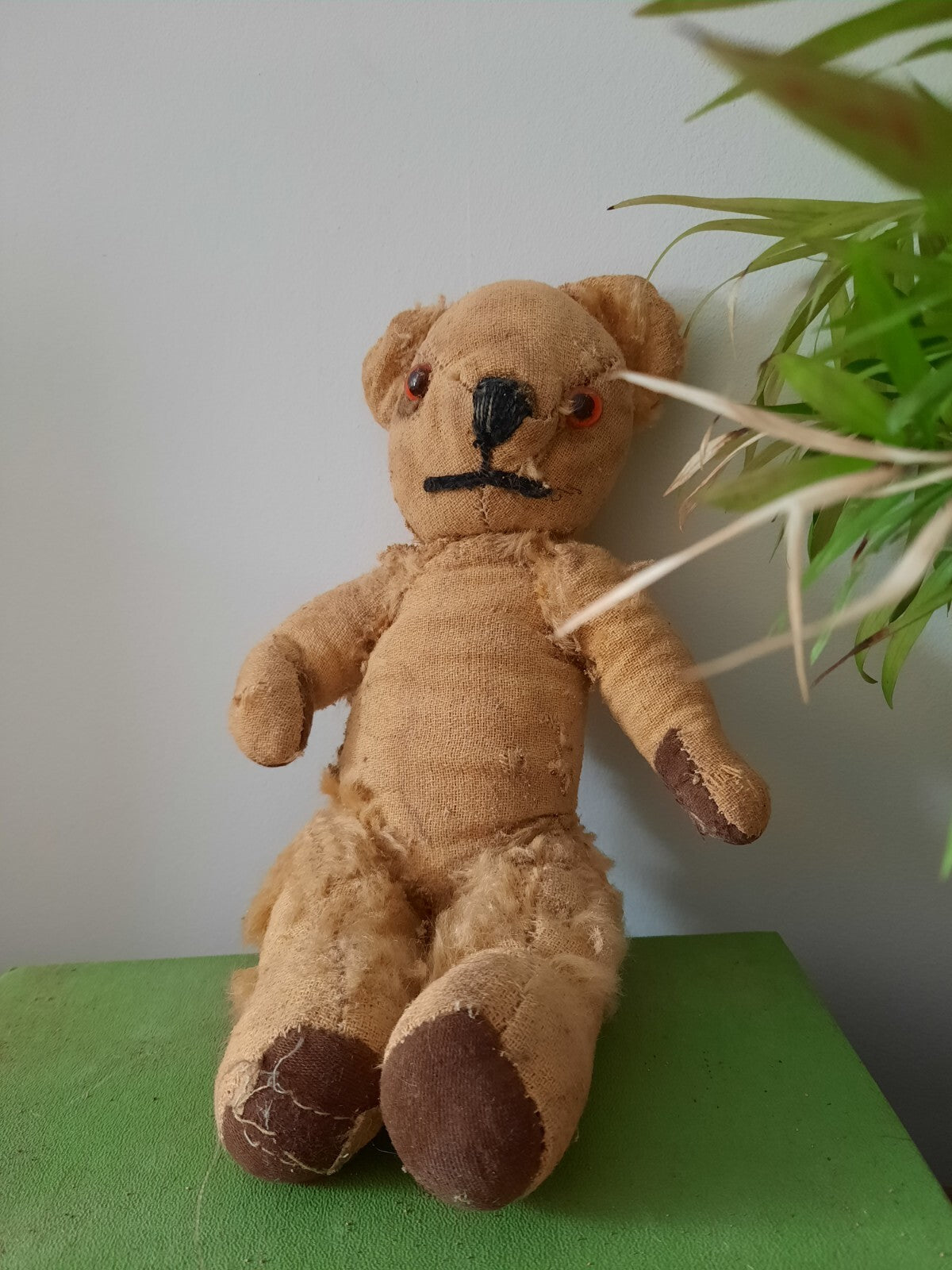 Antique Small Jointed Old Mohair Teddy Bear straw stuffed vintage RARE worn toy!